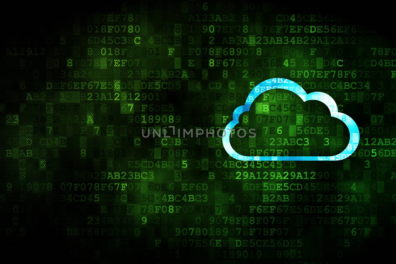 Cloud computing concept: pixelated Cloud icon on digital background, empty copyspace for card, text, advertising, 3d render
