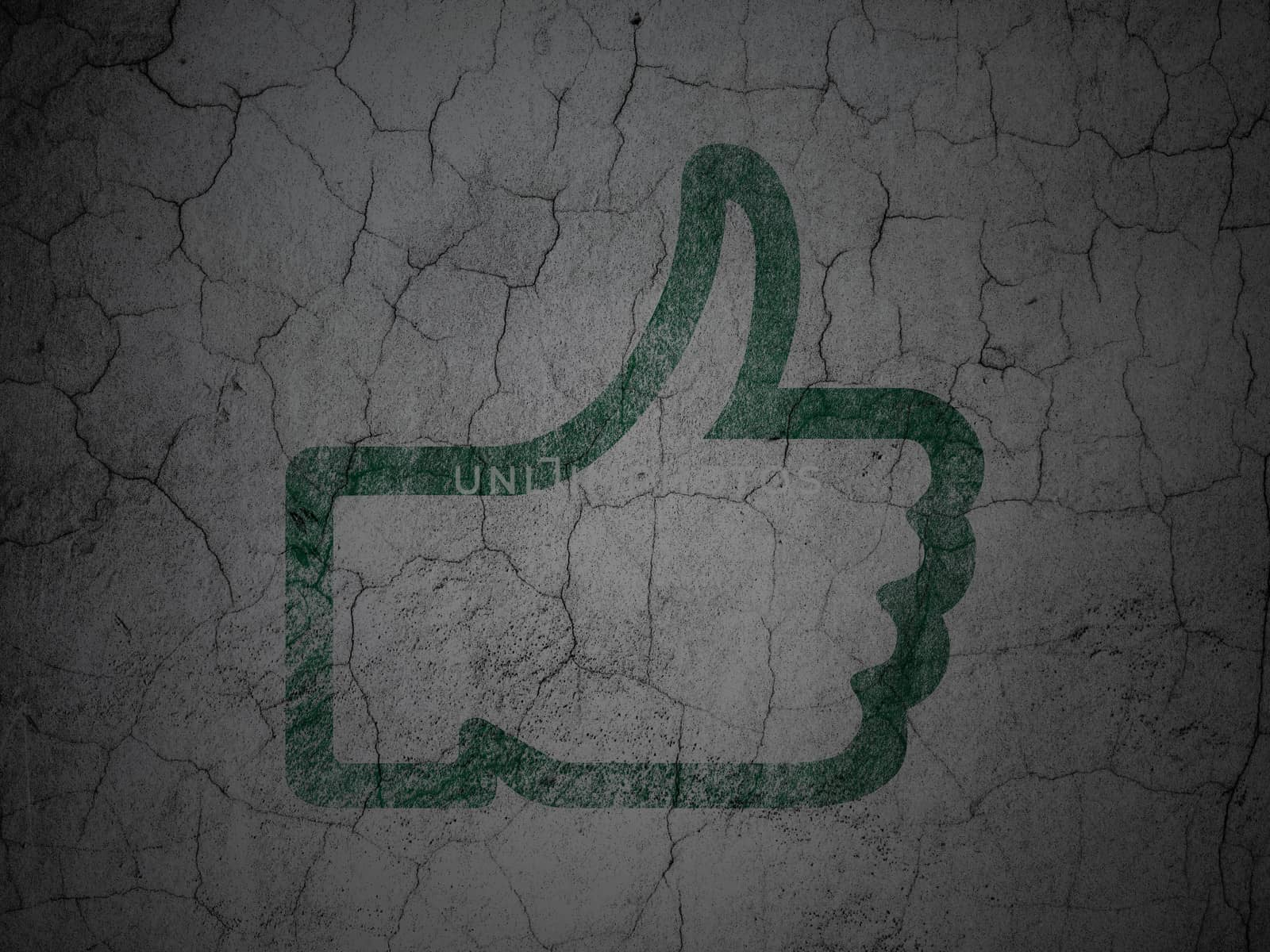 Social media concept: Green Like on grunge textured concrete wall background, 3d render