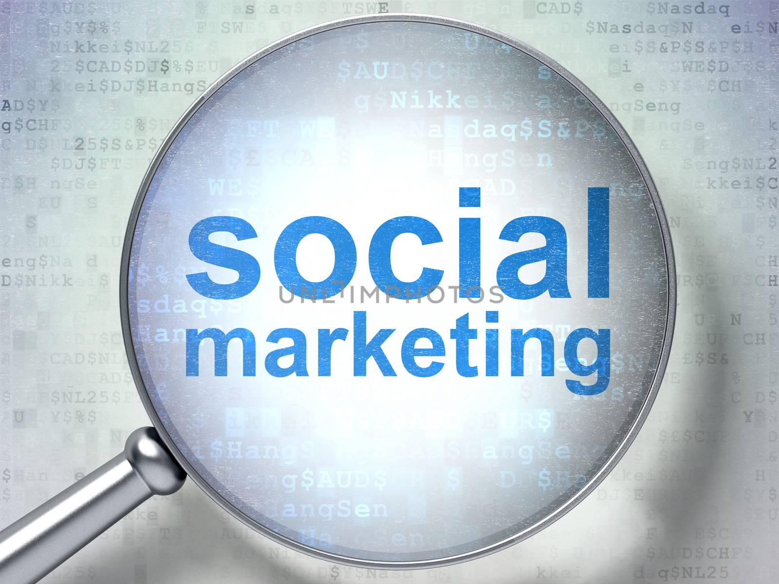 Marketing concept: magnifying optical glass with words Social Marketing on digital background, 3d render