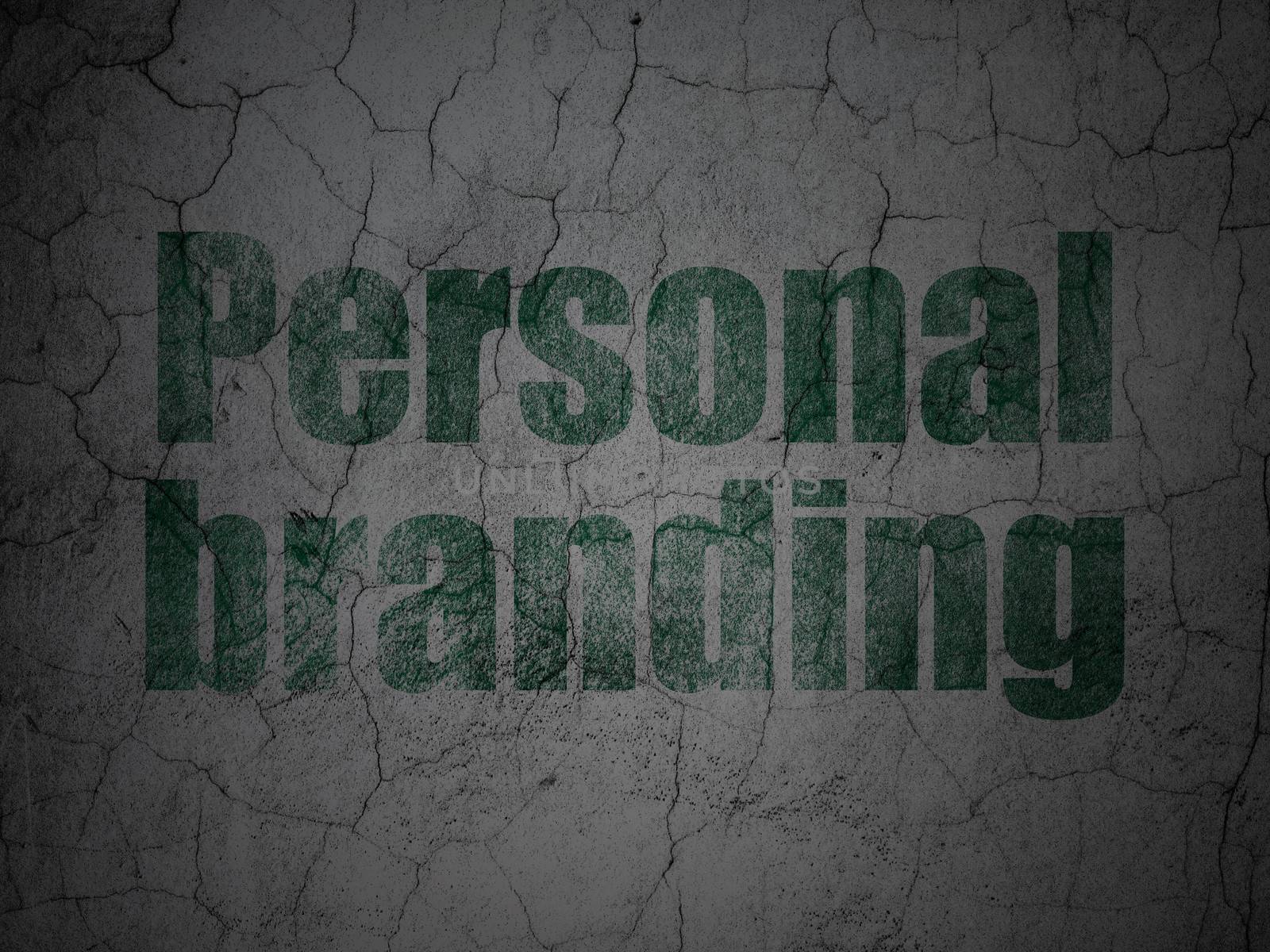 Advertising concept: Green Personal Branding on grunge textured concrete wall background, 3d render