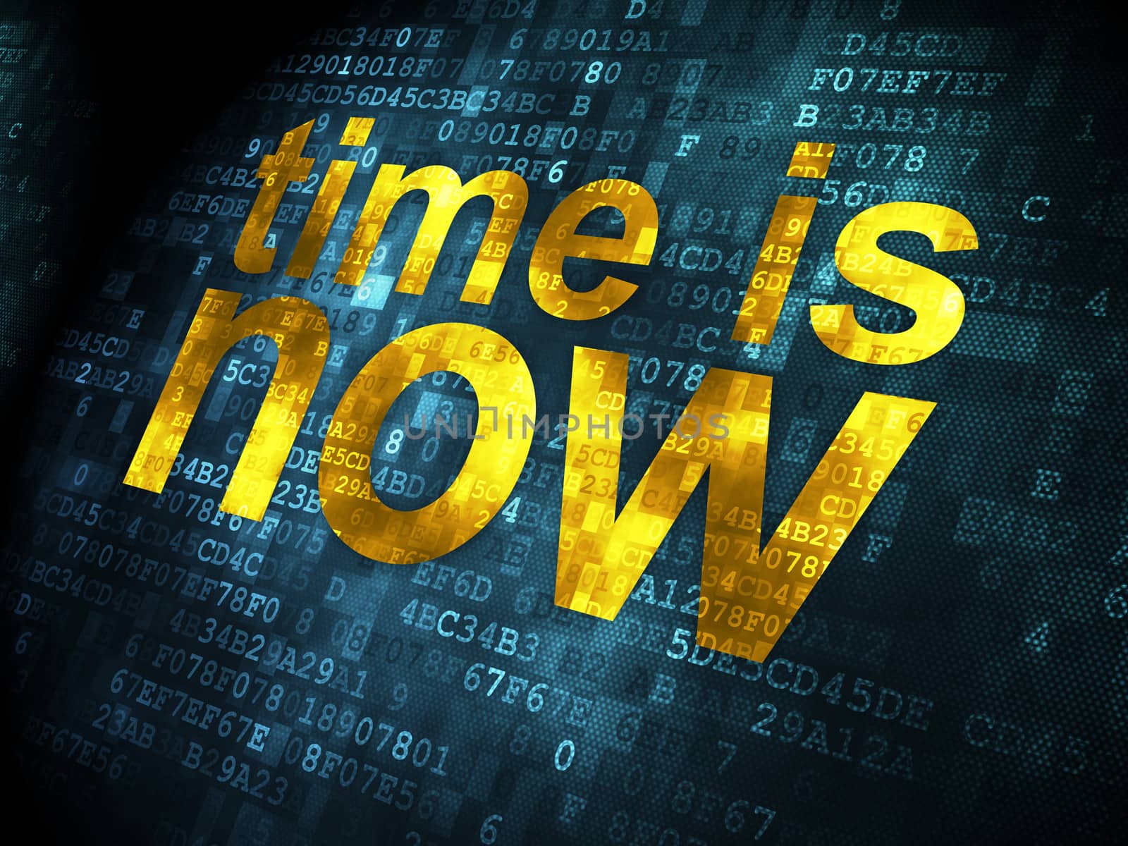 Timeline concept: pixelated words Time is Now on digital background, 3d render
