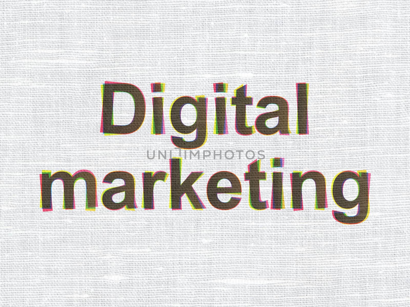 Advertising concept: CMYK Digital Marketing on linen fabric texture background, 3d render