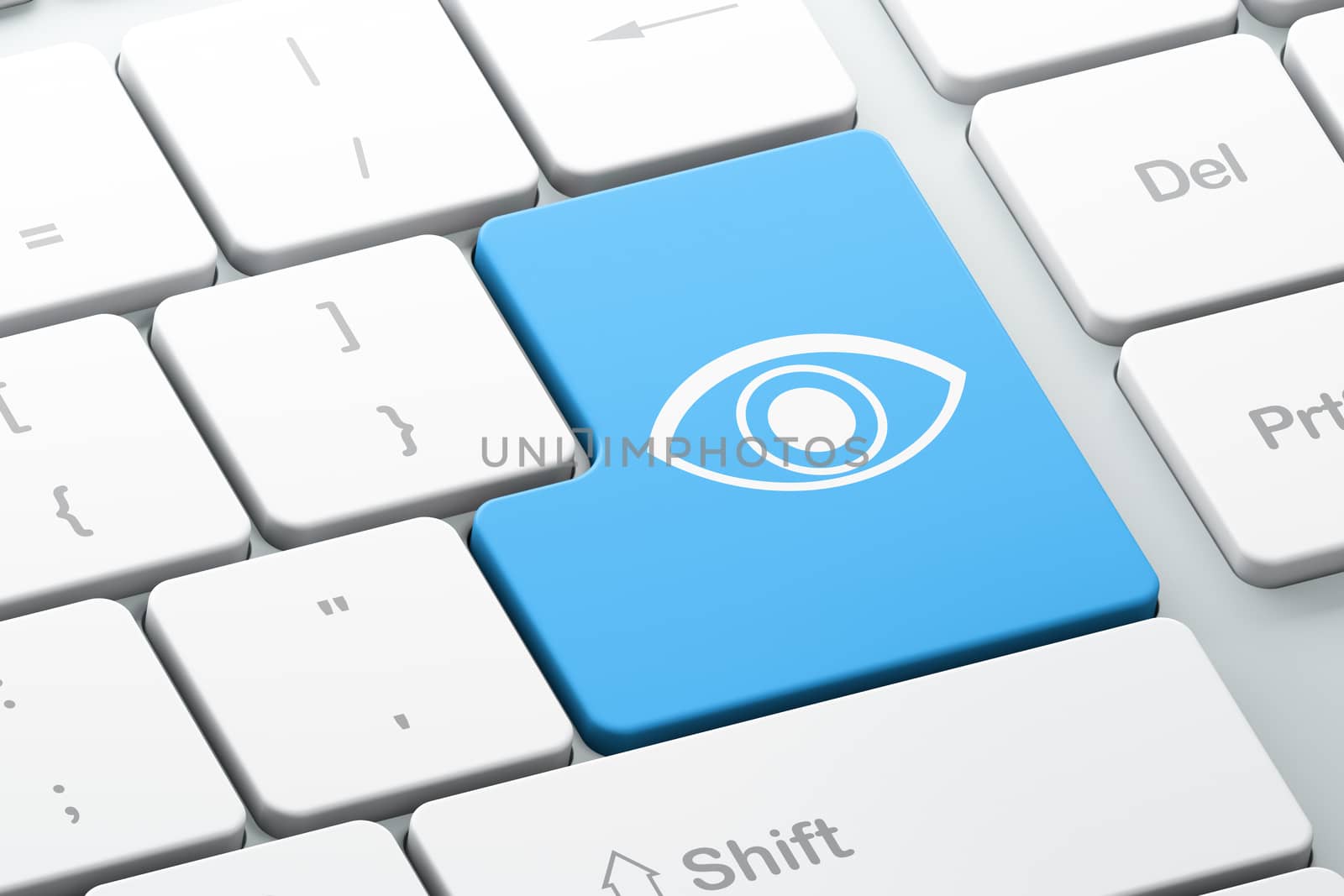 Safety concept: Enter button with Eye on computer keyboard background, 3d render