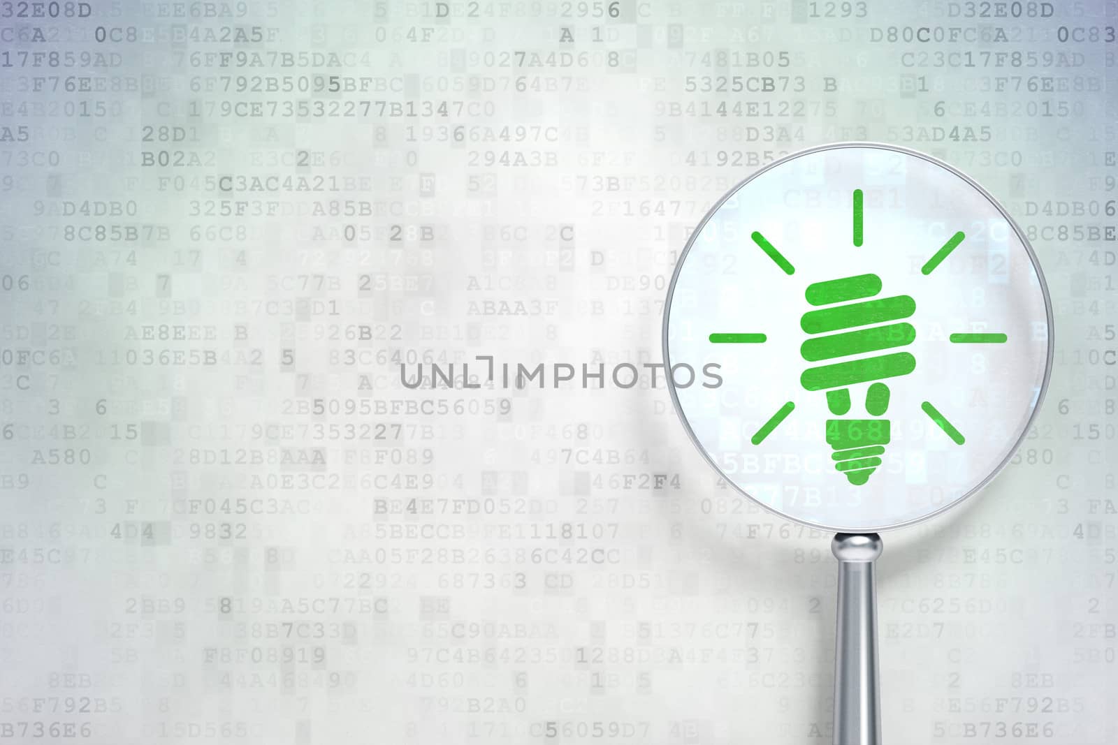 Finance concept: magnifying optical glass with Energy Saving Lamp icon on digital background, empty copyspace for card, text, advertising, 3d render