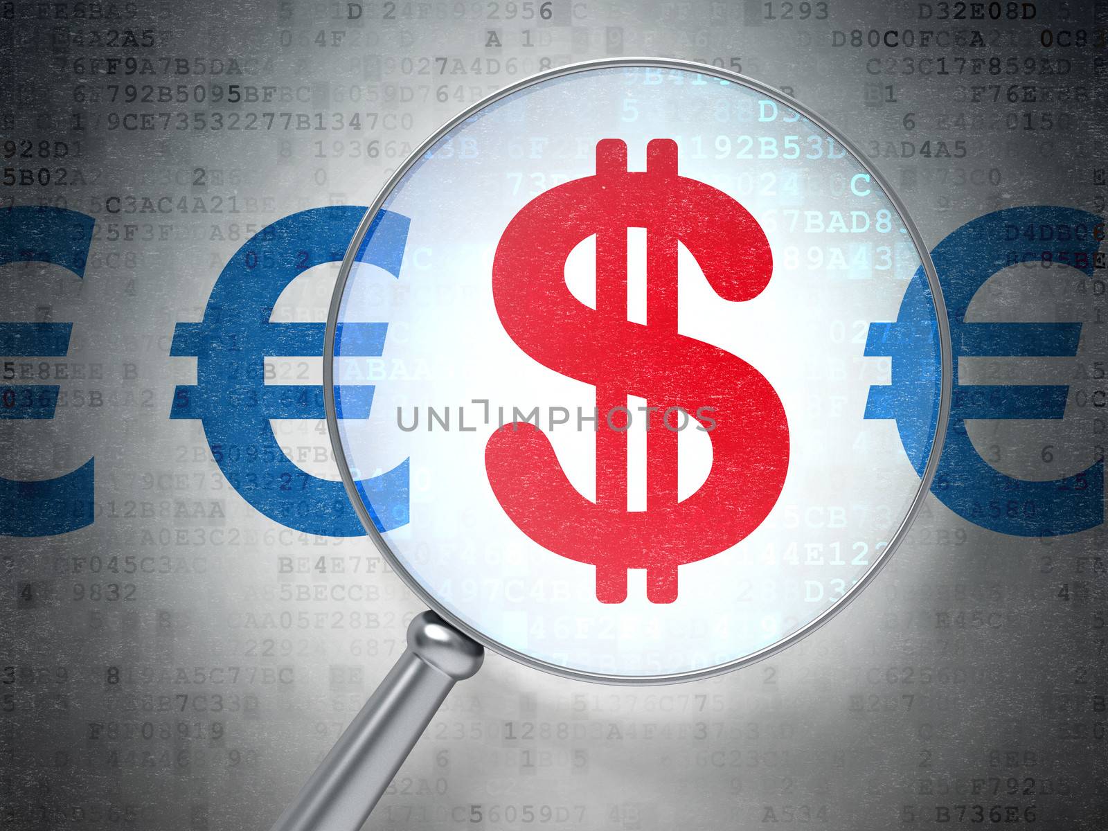 Currency concept: magnifying optical glass with Dollar And Euro icons on digital background, 3d render