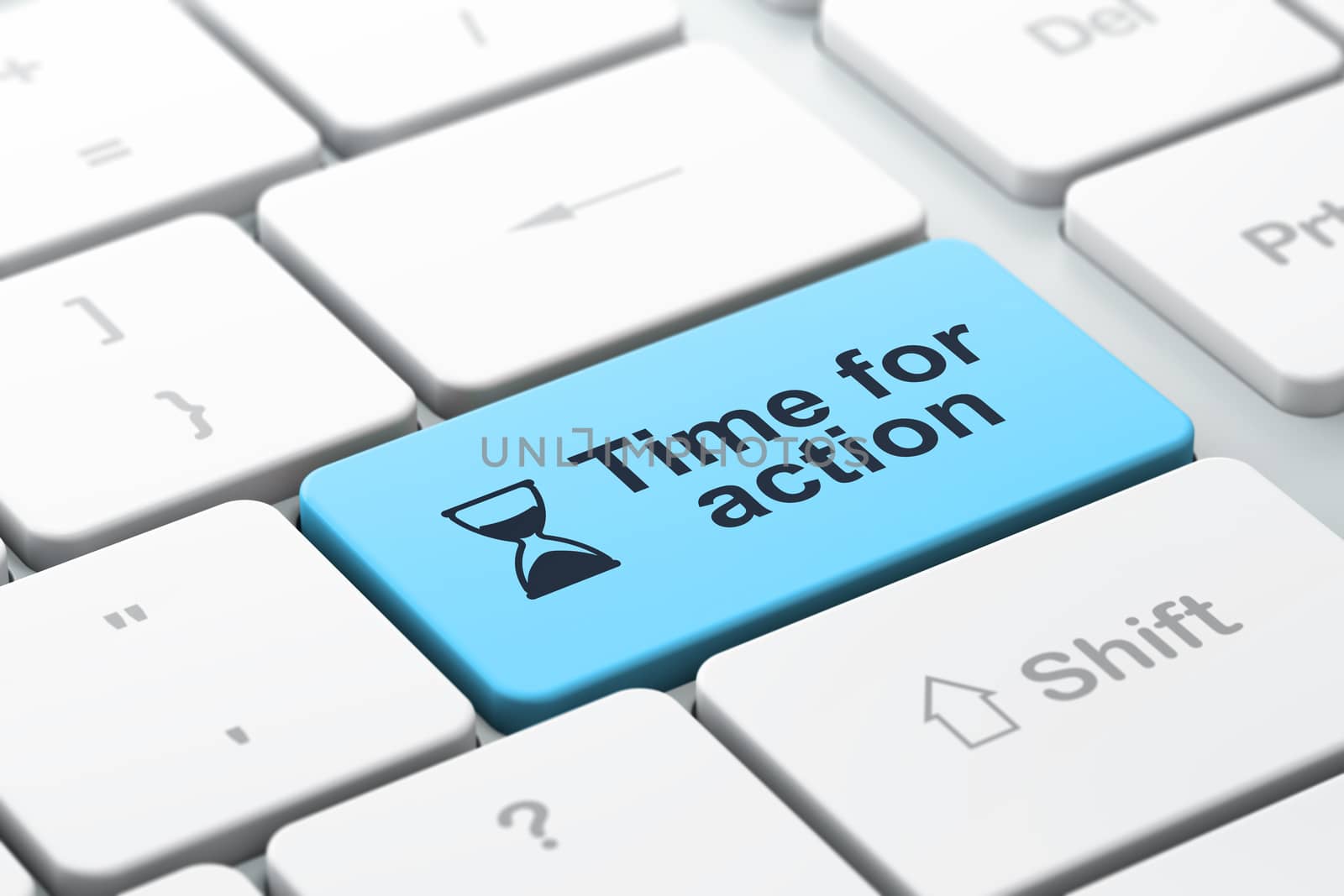 Time concept: computer keyboard with Hourglass icon and word Time for Action, selected focus on enter button, 3d render