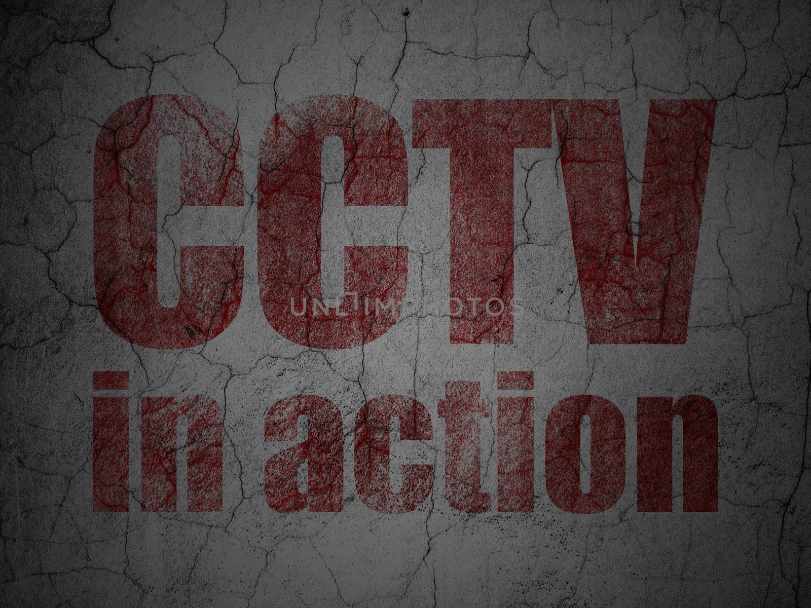 Protection concept: Red CCTV In action on grunge textured concrete wall background, 3d render