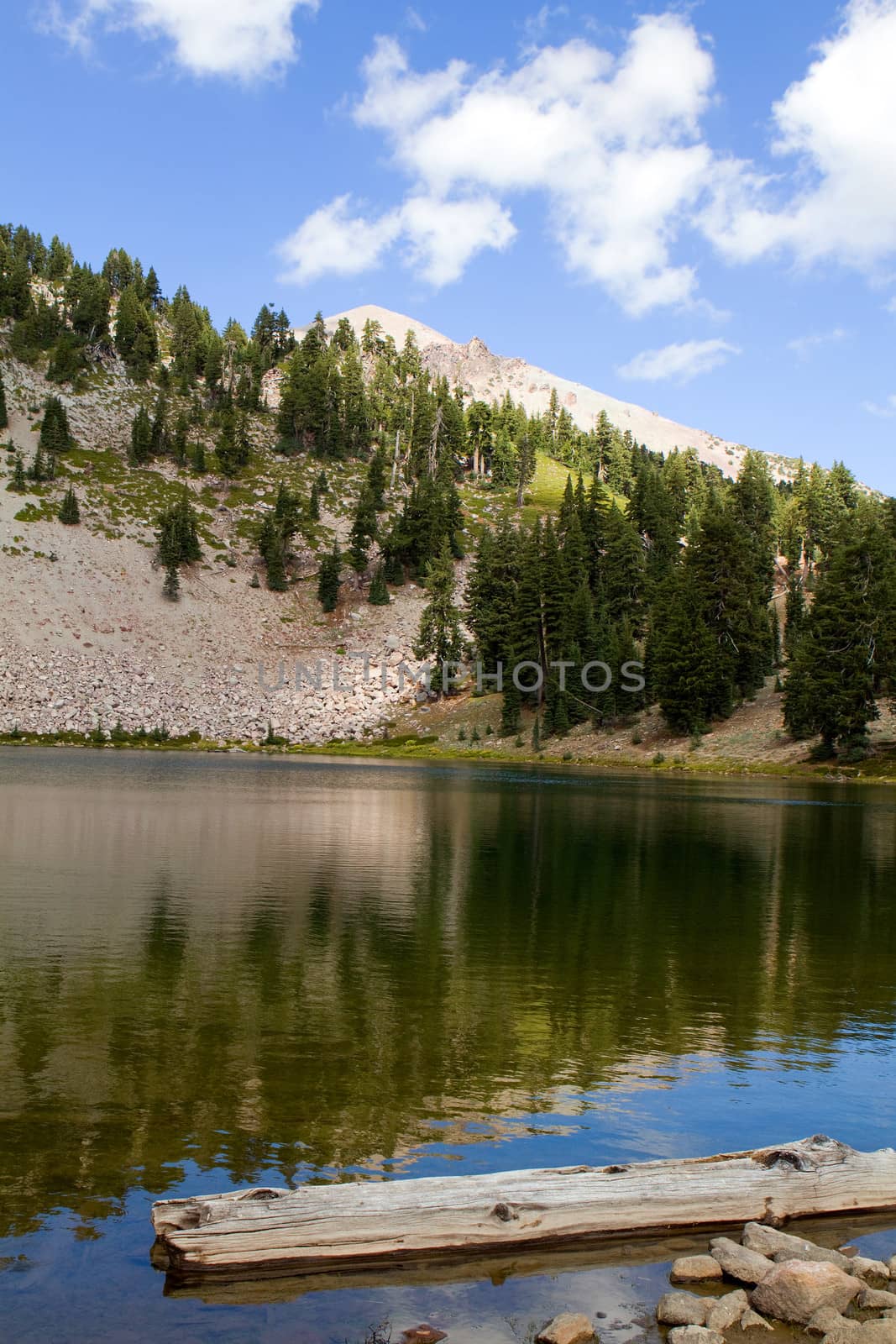 Reflections on Emerald Lake in Lassen Volcanic National Park in northeastern California, USA.