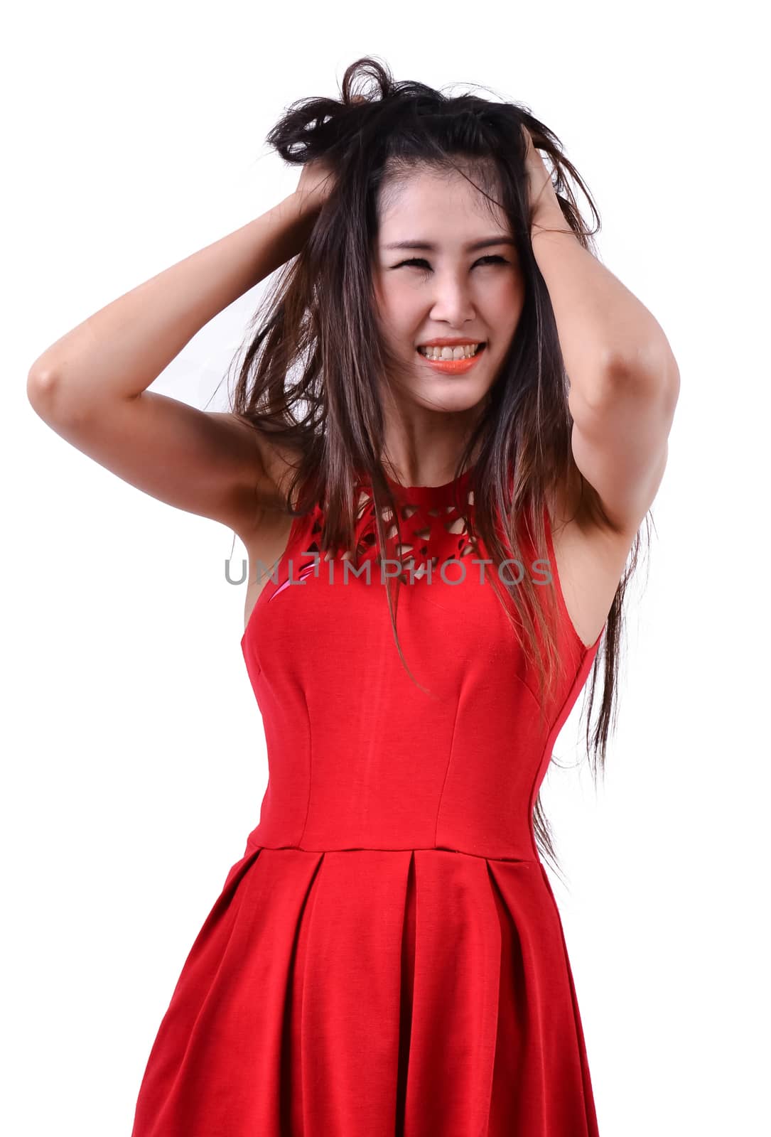 Girl's confused expression isolated on white background