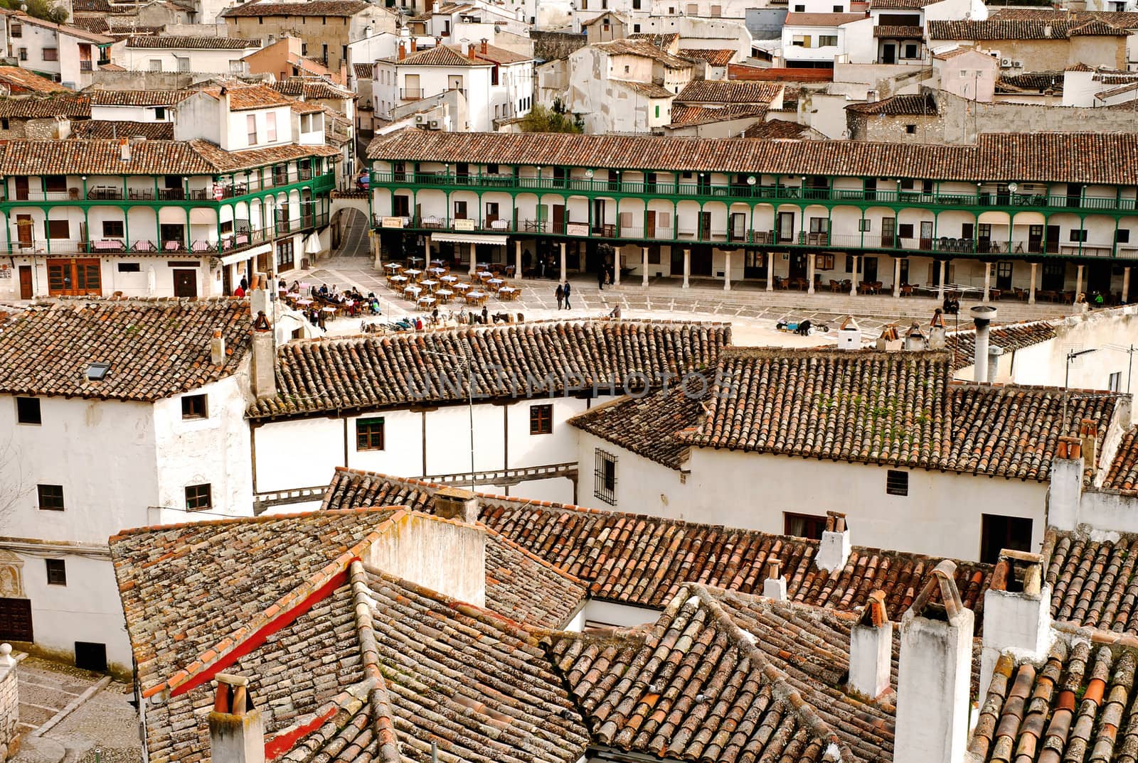 View on "Plaza Mayor" of historic small town Chinchon near Madrid 