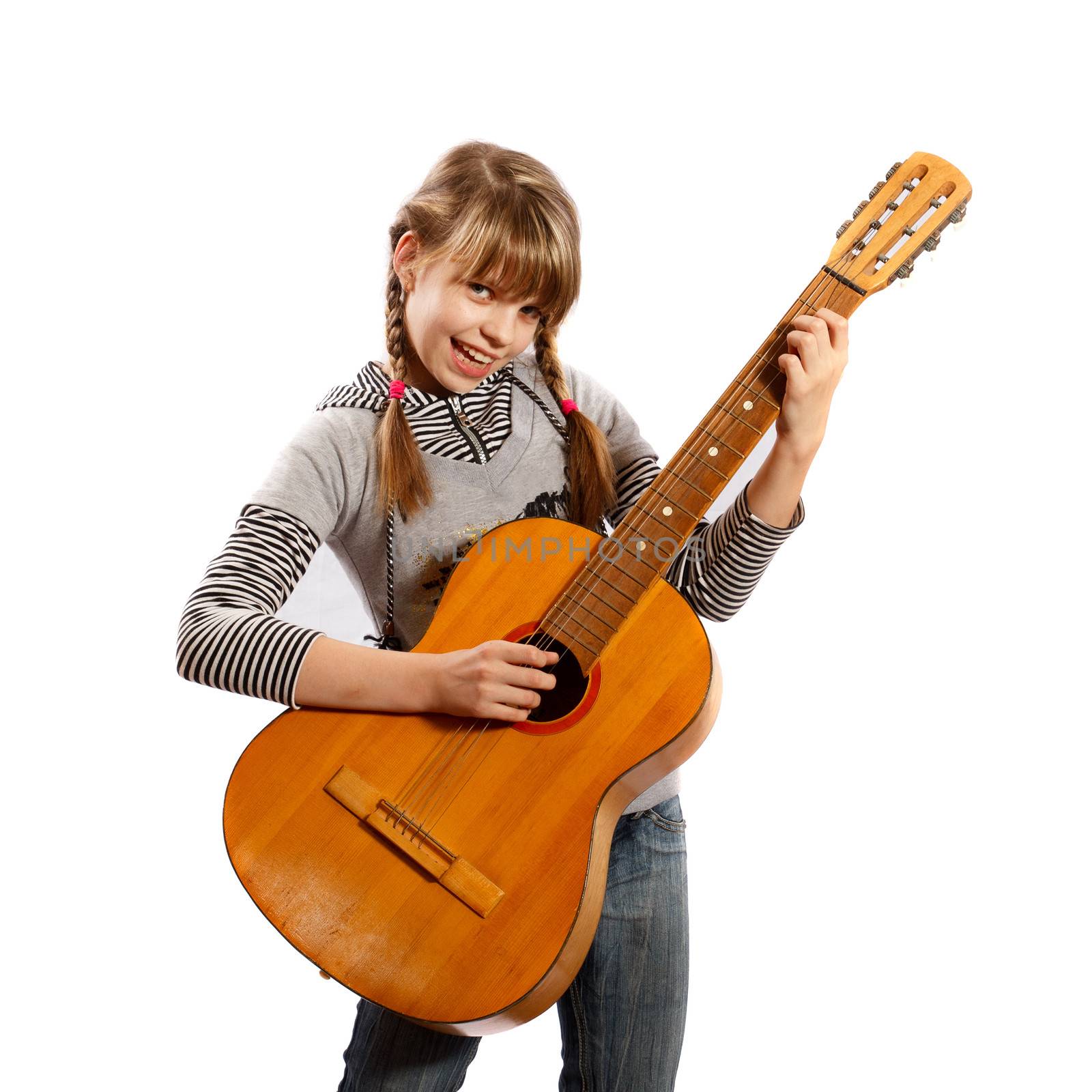 girl with a guitar in hand singing on a white background