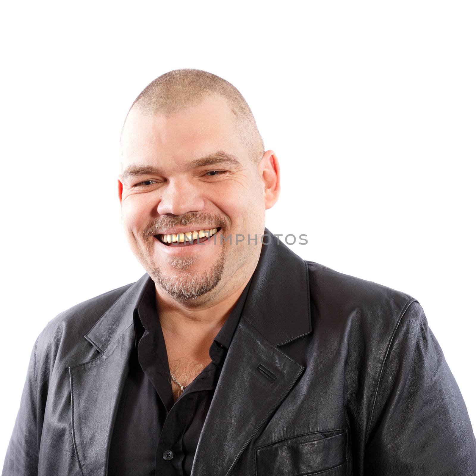 hairless smiling man in black leather jacket on a white background