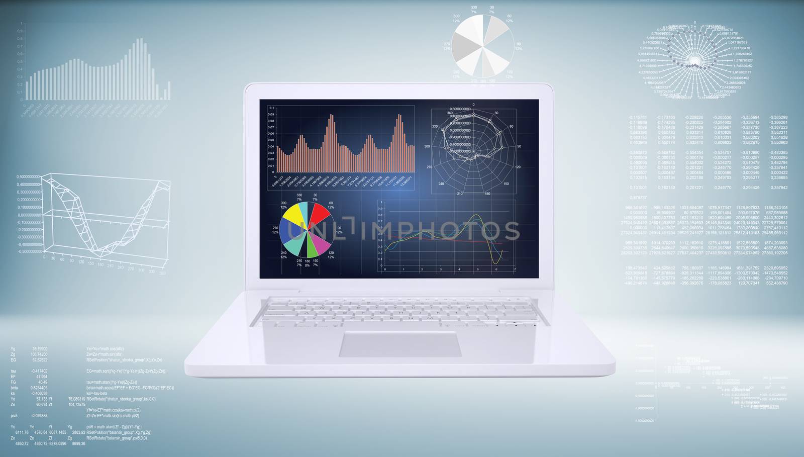 Technology in a laptop. Graphics. 3d rendering of a blue background
