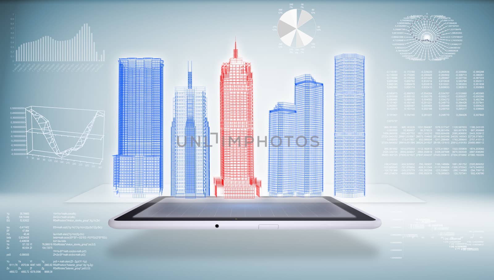 Architecture in the Tablet PC. Skyscrapers and graphics. 3d rendering