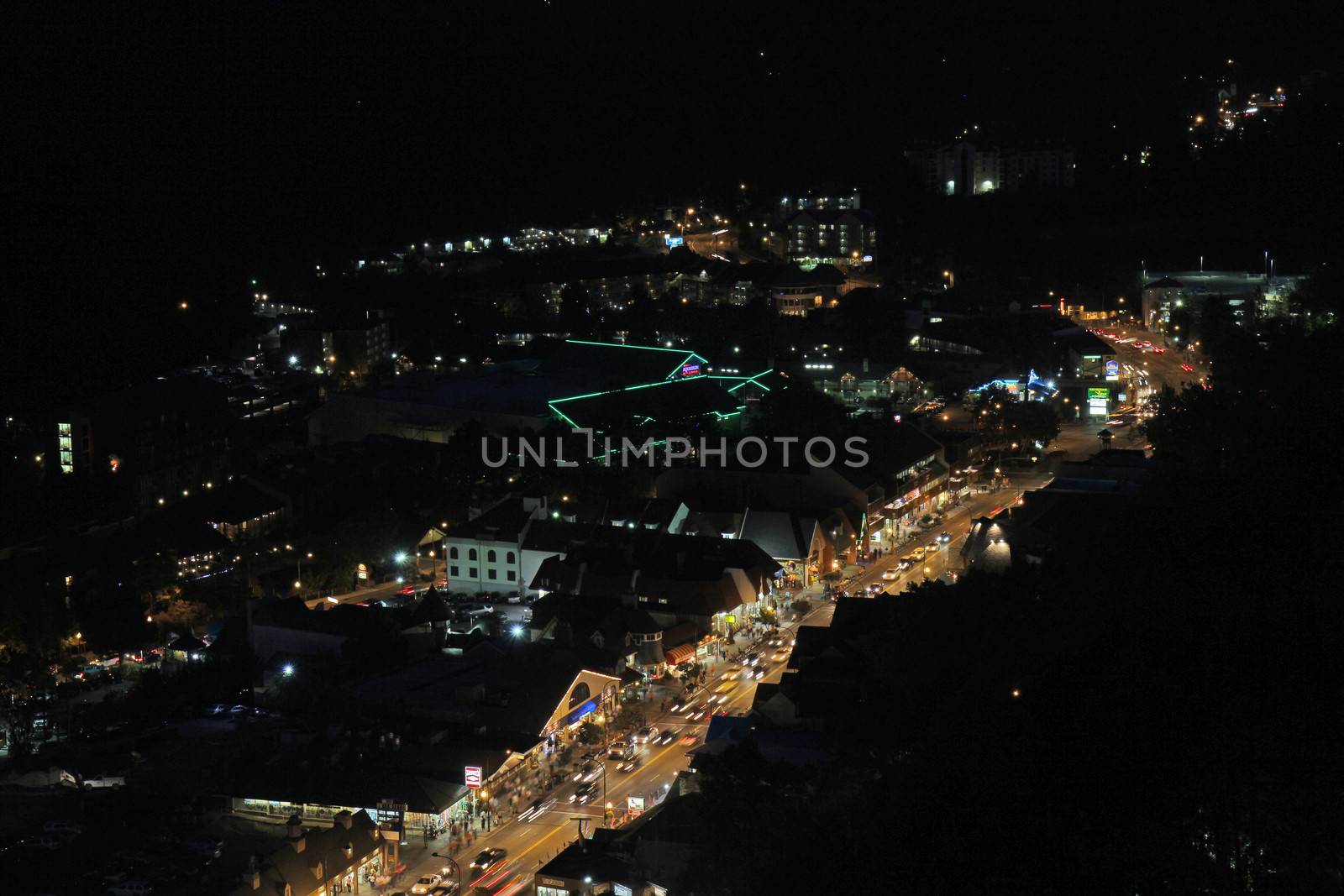 Aerial night view of the main road through Gatlinburg, Tennessee by sgoodwin4813