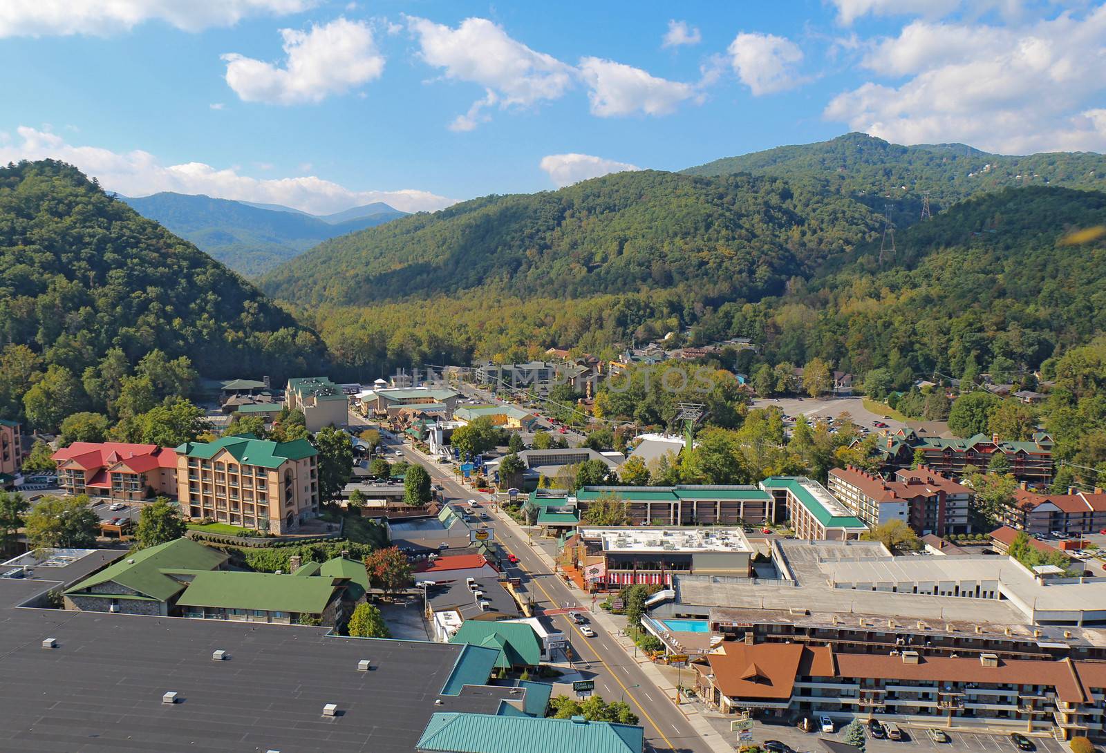 Aerial view of the main road through Gatlinburg, Tennessee by sgoodwin4813