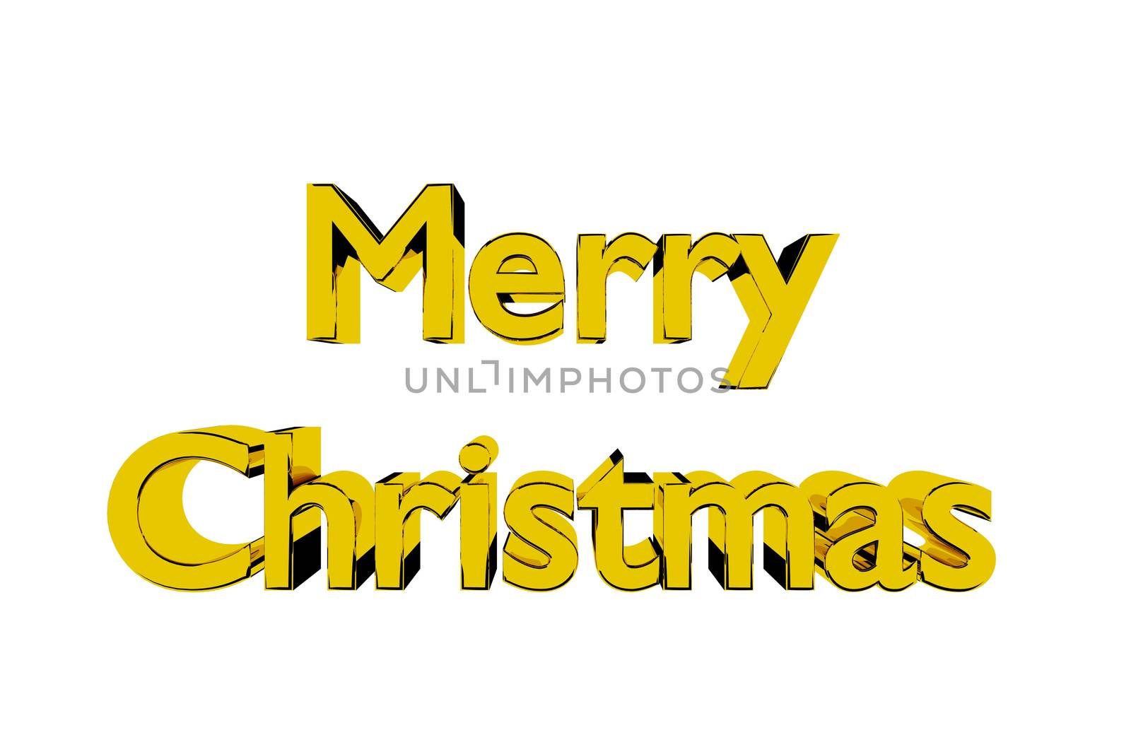 3D Illustration of golden Merry Christmas lettering on a white background