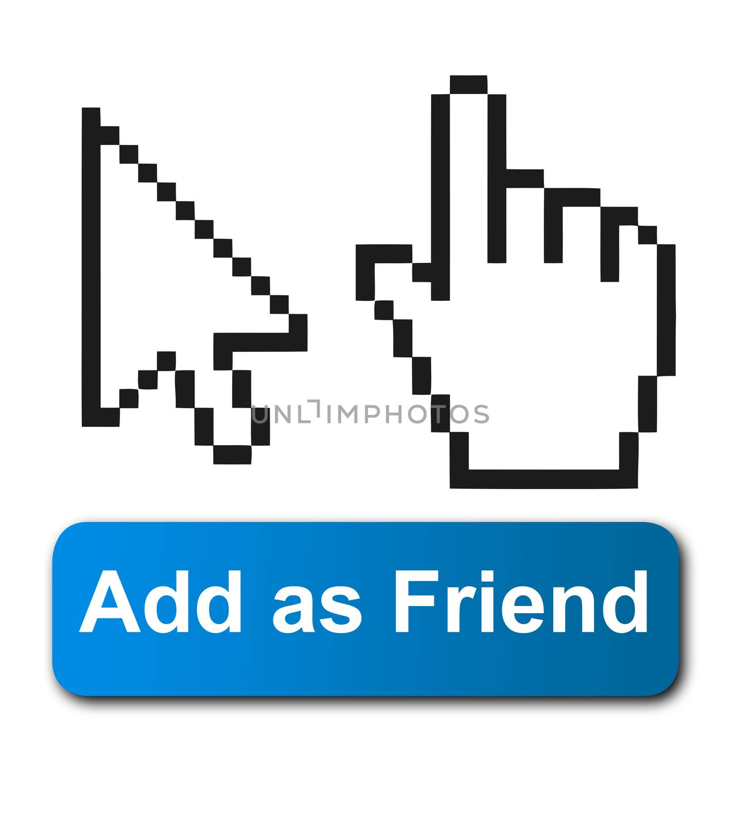 Cursor hands and social media button isolated on white background.