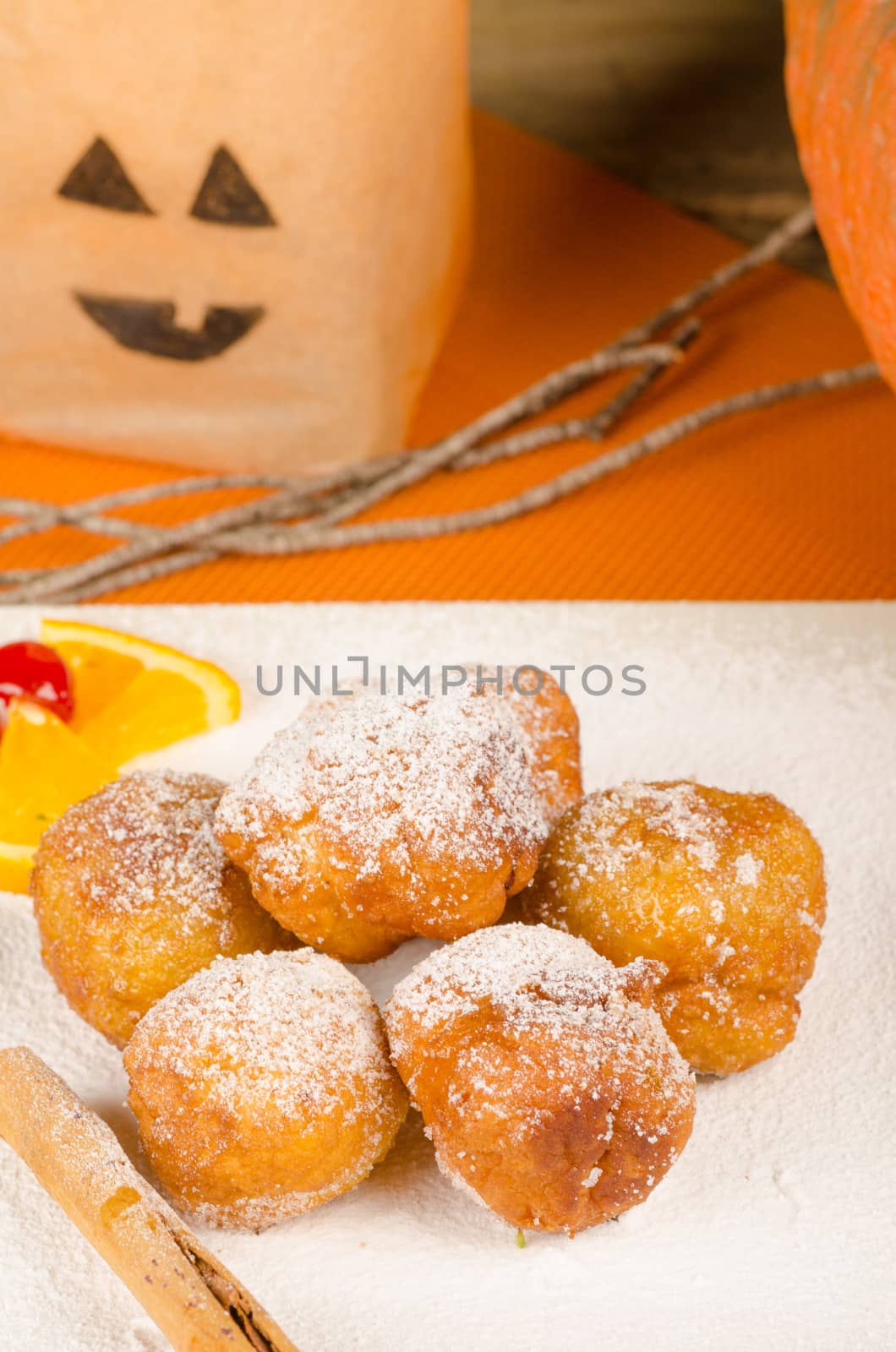 A traditional Spanish Halloween deseert served  with holiday decoration.
