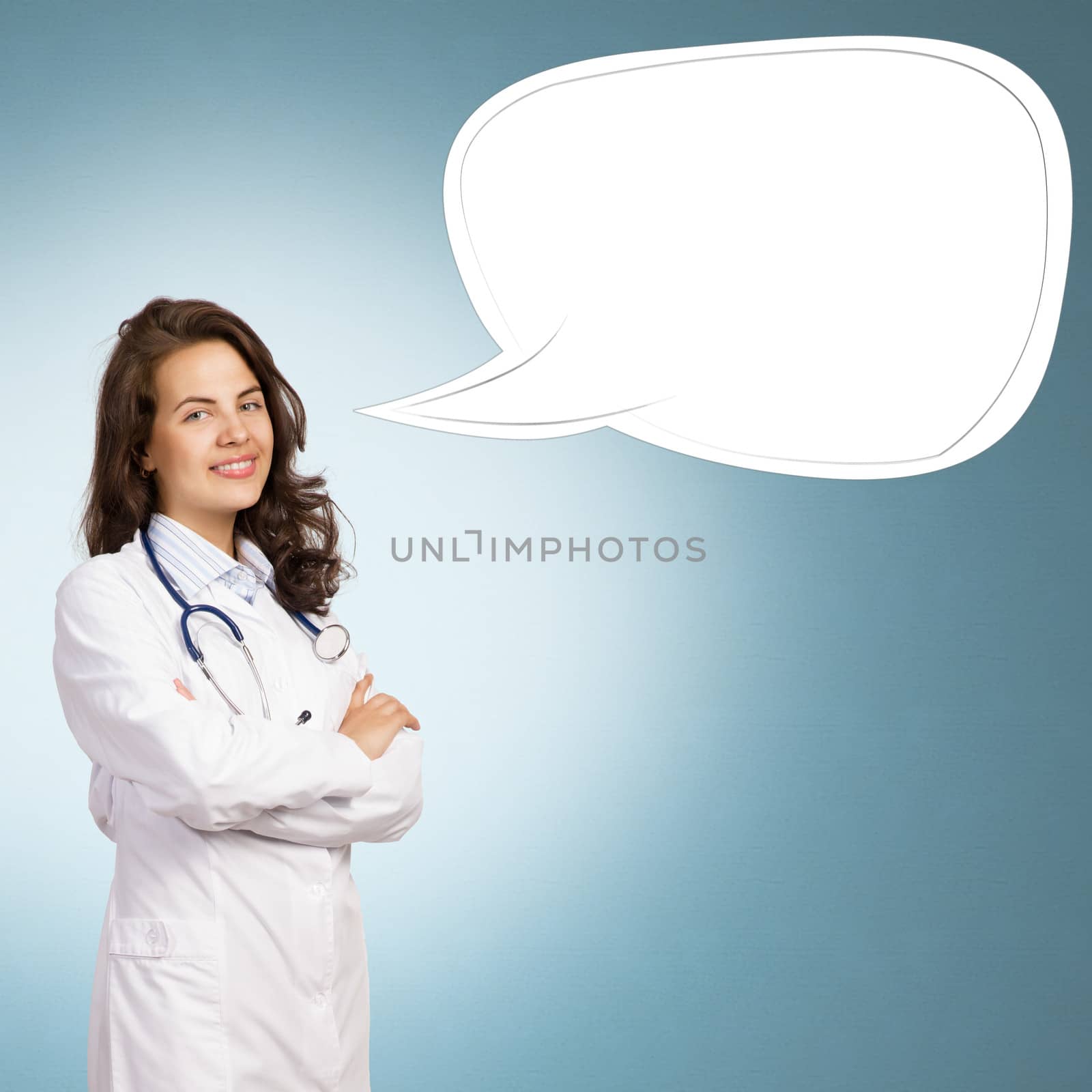 young woman doctor says cloud over his head, place for text