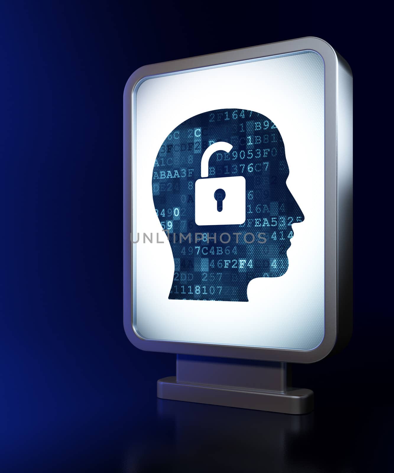 Finance concept: Head With Padlock on advertising billboard background, 3d render