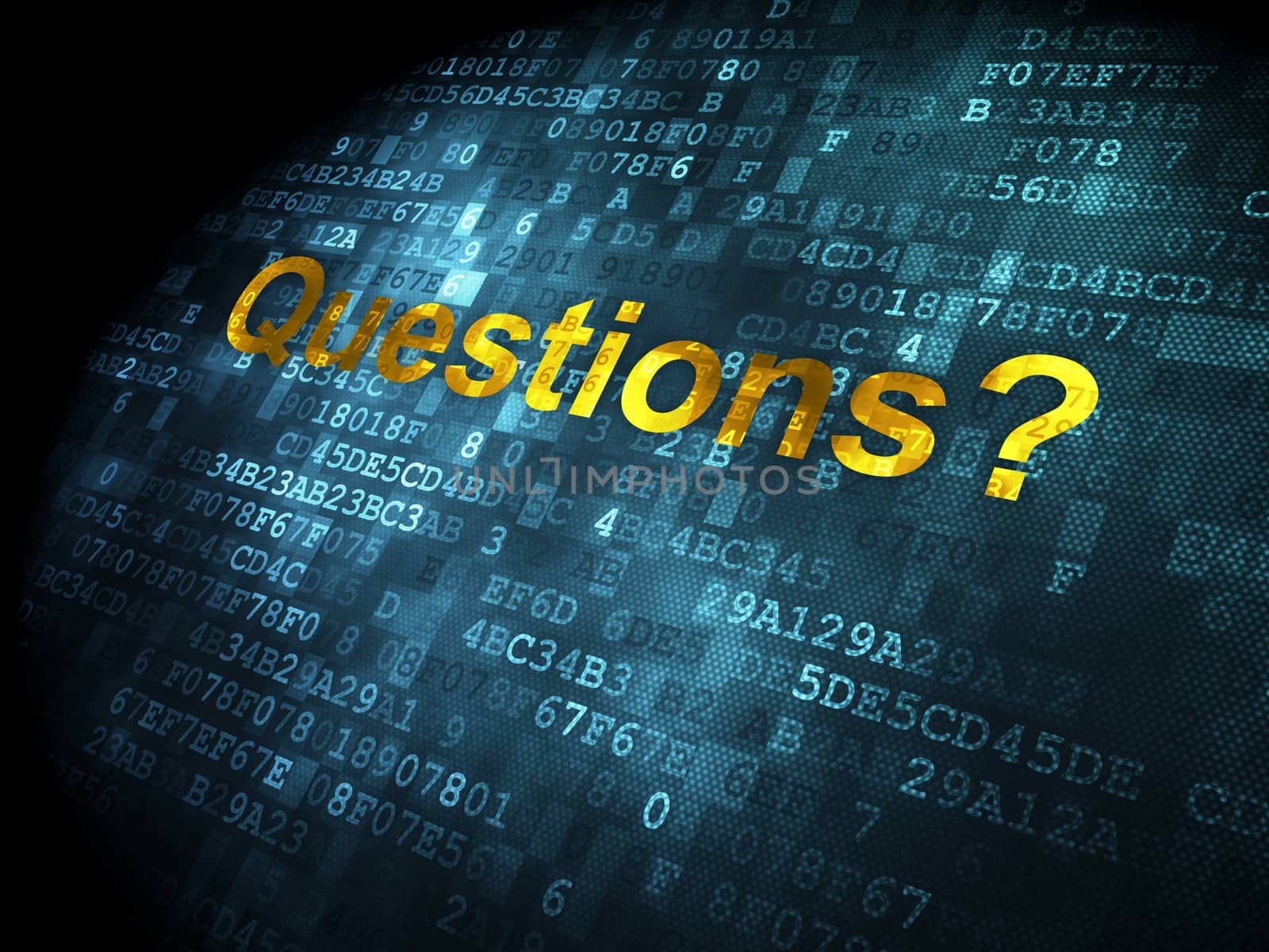 Education concept: pixelated words Questions? on digital background, 3d render