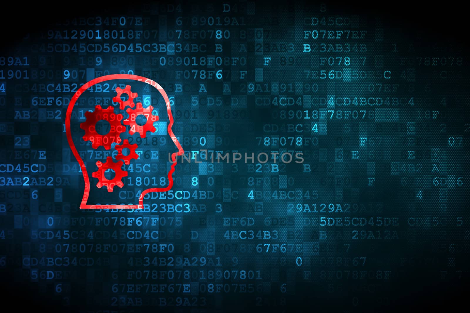 Information concept: pixelated Head With Gears icon on digital background, empty copyspace for card, text, advertising, 3d render