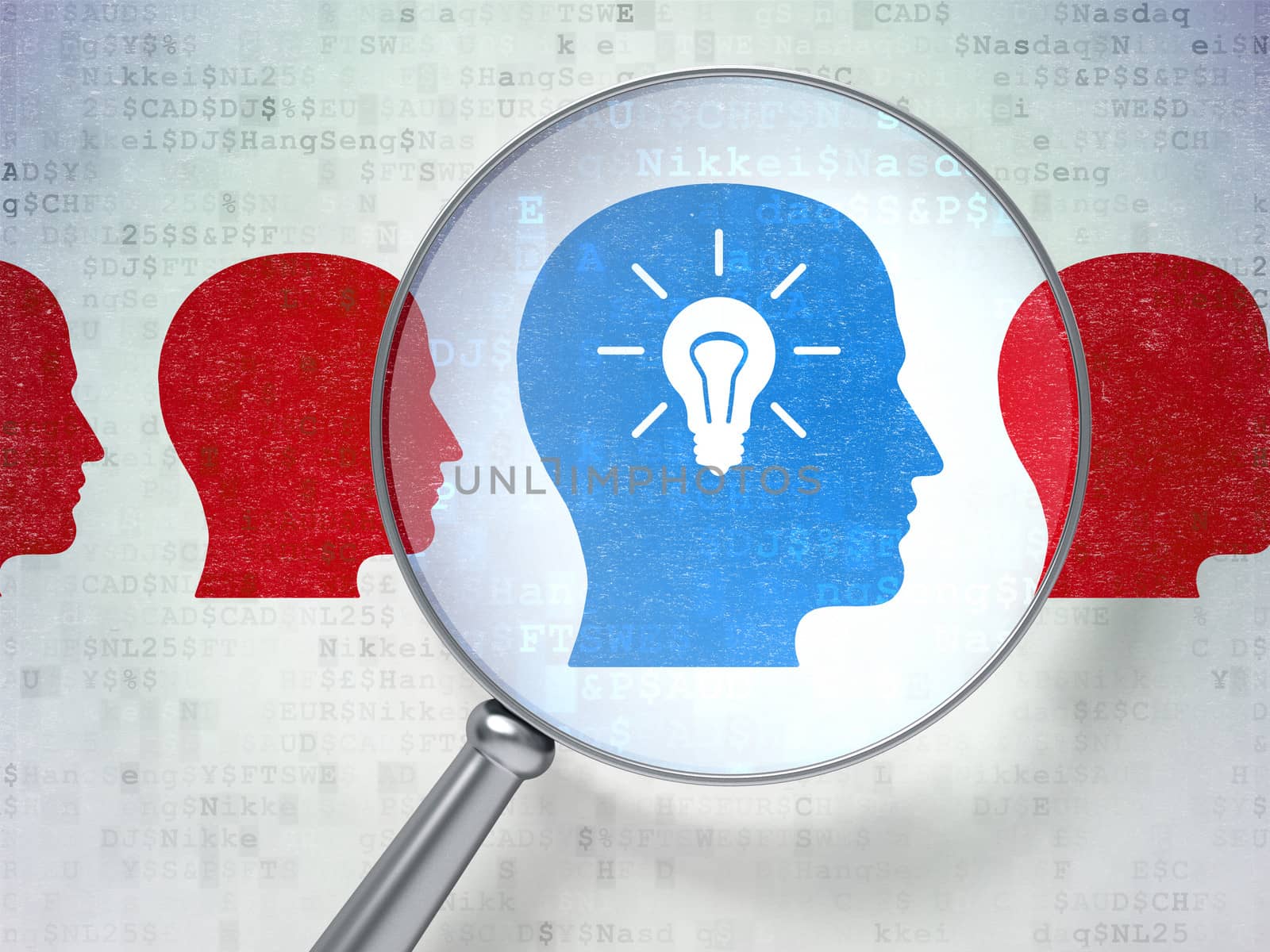 Magnifying optical glass with Head Whis Lightbulb icons on digital background, 3d render