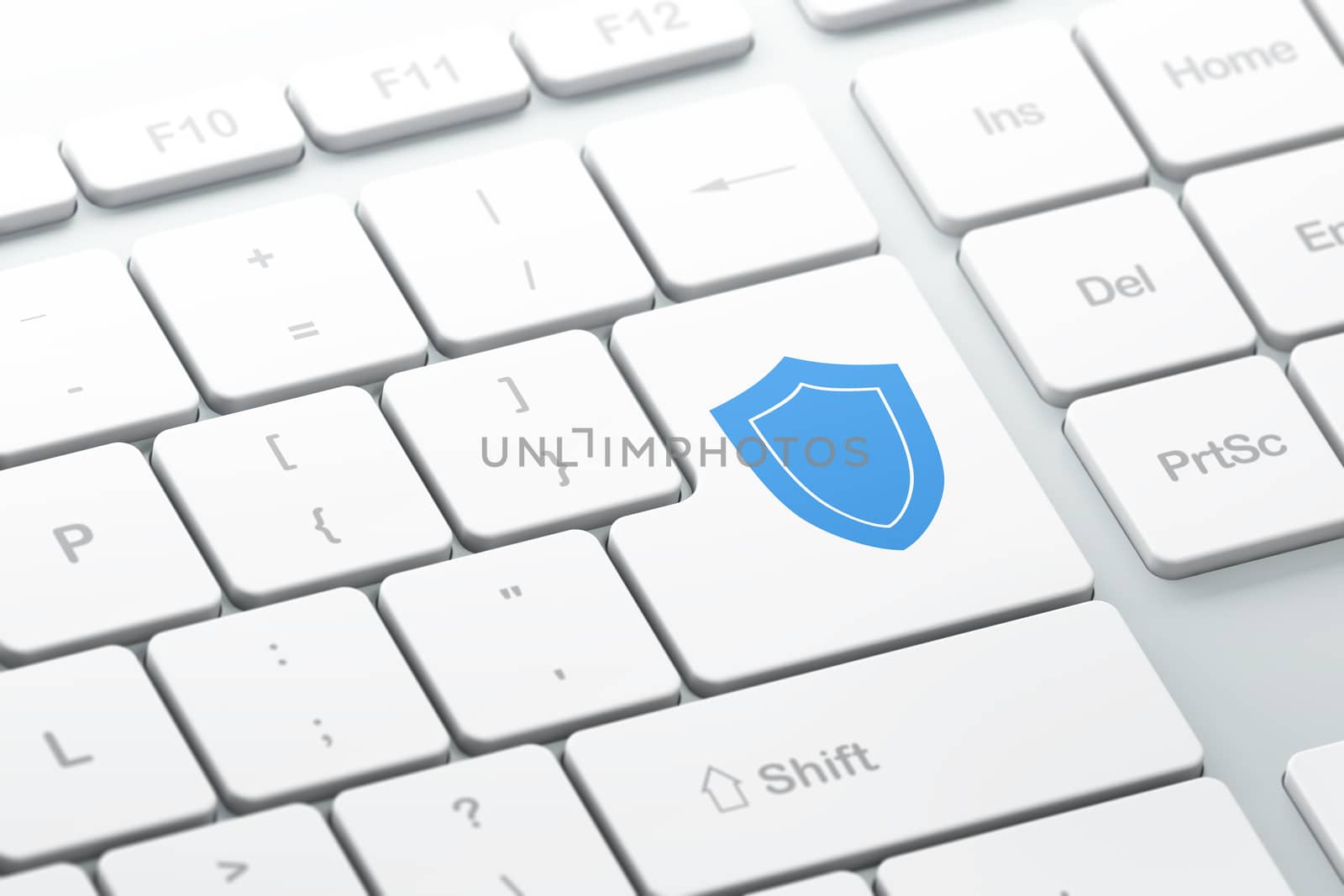 Protection concept: enter button with Shield on computer keyboard background, 3d render, selected focus