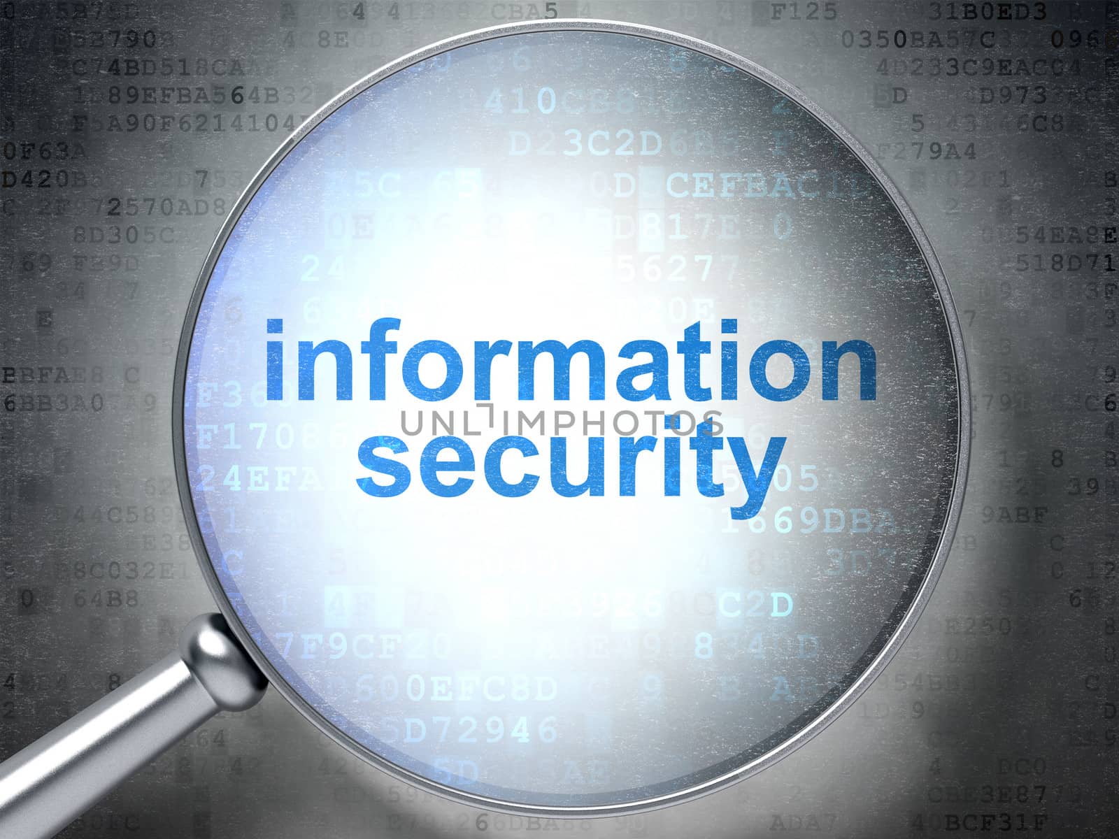 Magnifying optical glass with words Information Security on digital background, 3d render