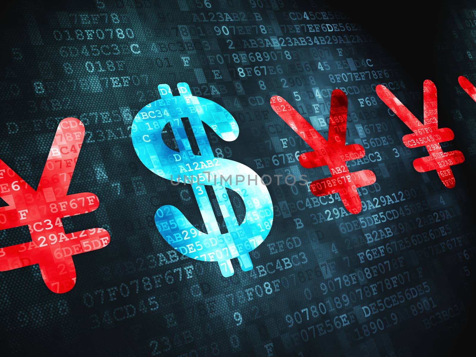 Currency concept: pixelated Dollar And Yen icon on digital background, 3d render
