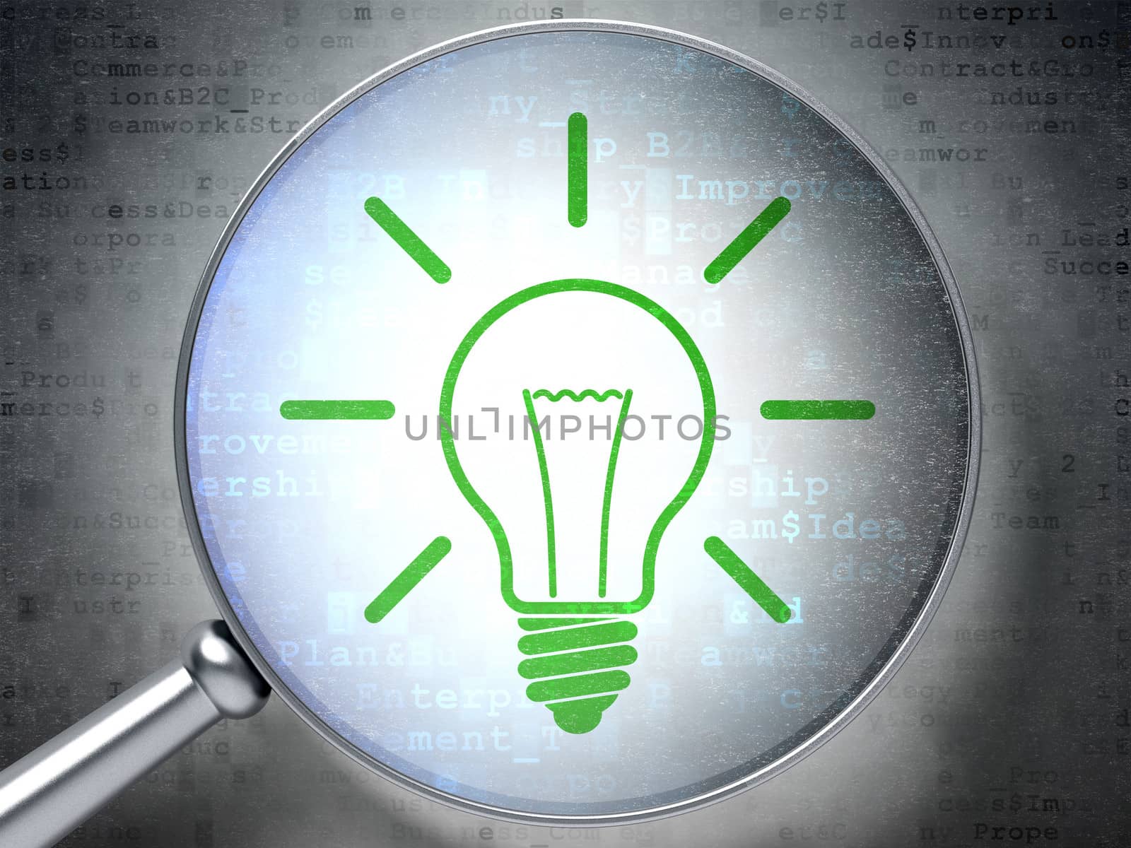 Magnifying optical glass with Light Bulb icon on digital background, 3d render
