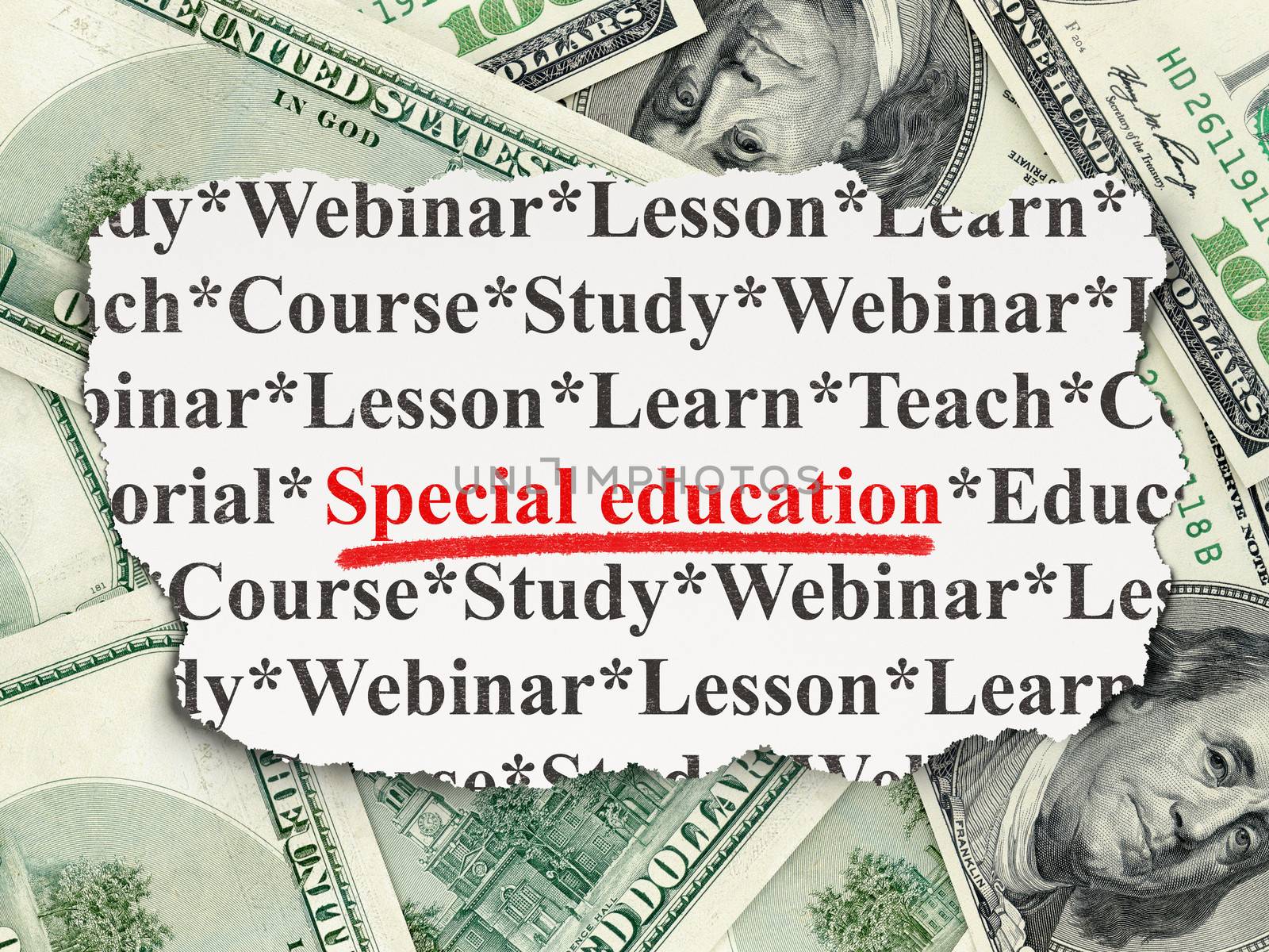 Education concept: torn newspaper with words Special Education on Money background, 3d render