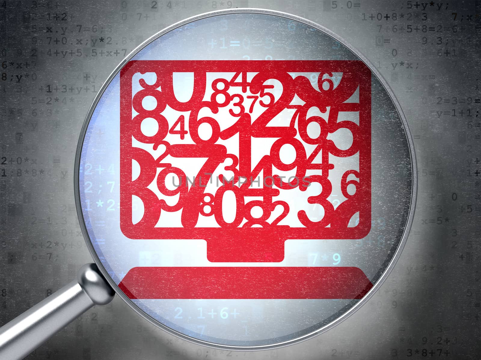 Magnifying optical glass with Computer Pc icon on digital background, 3d render