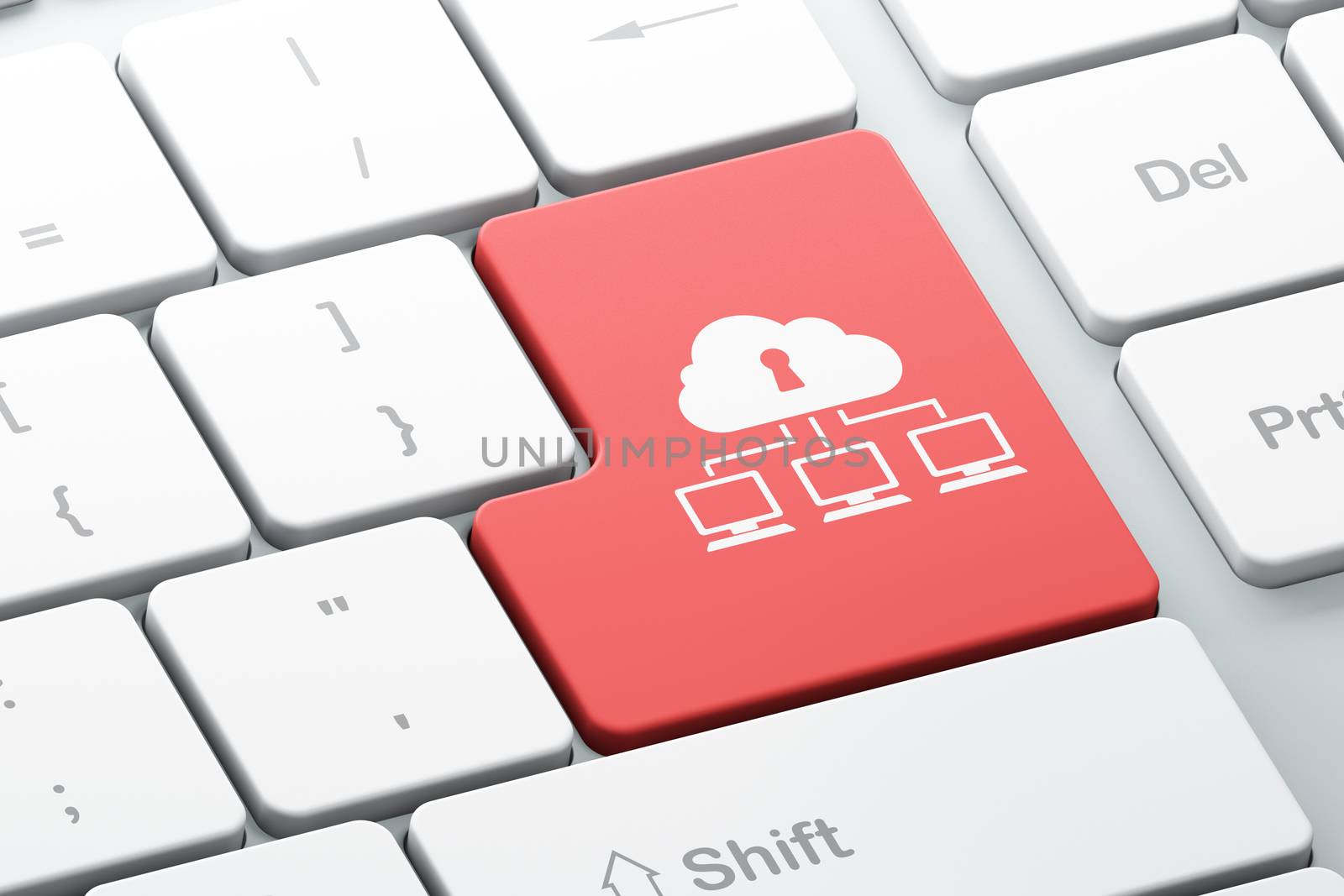 Cloud computing concept: Enter button with Cloud Network on computer keyboard background, 3d render