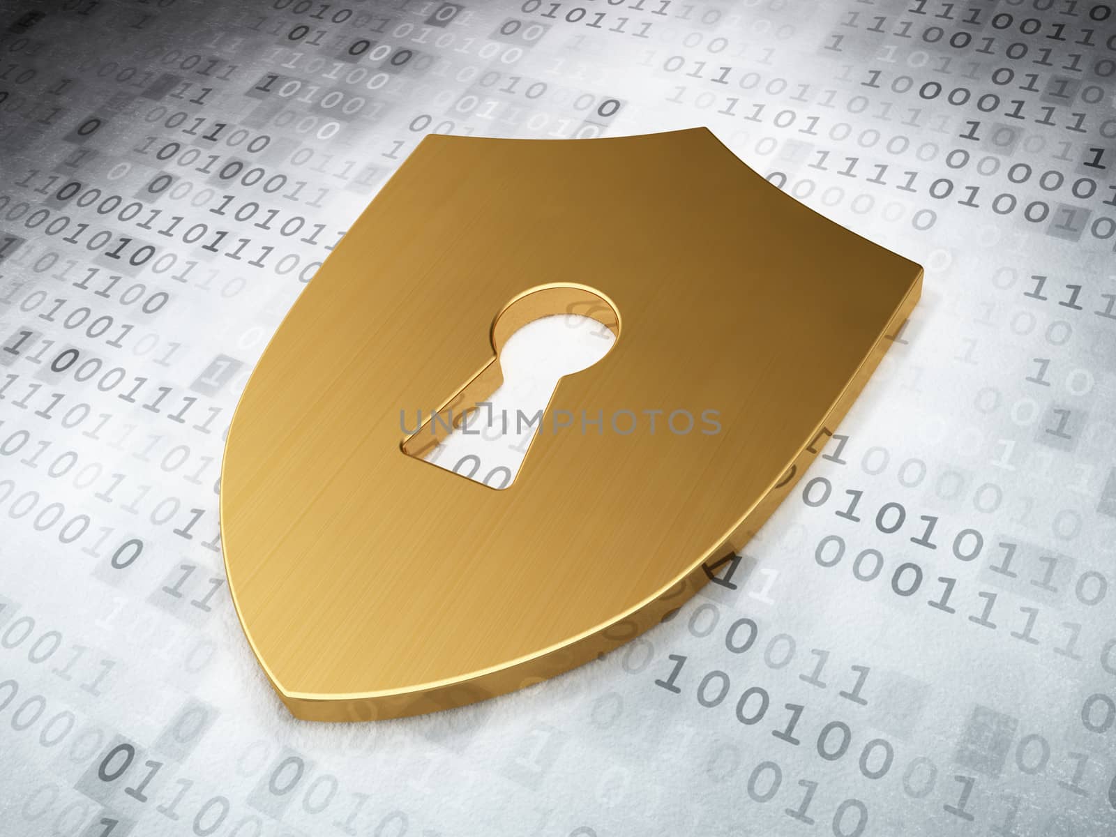 Safety concept: Golden Shield With Keyhole on digital background, 3d render