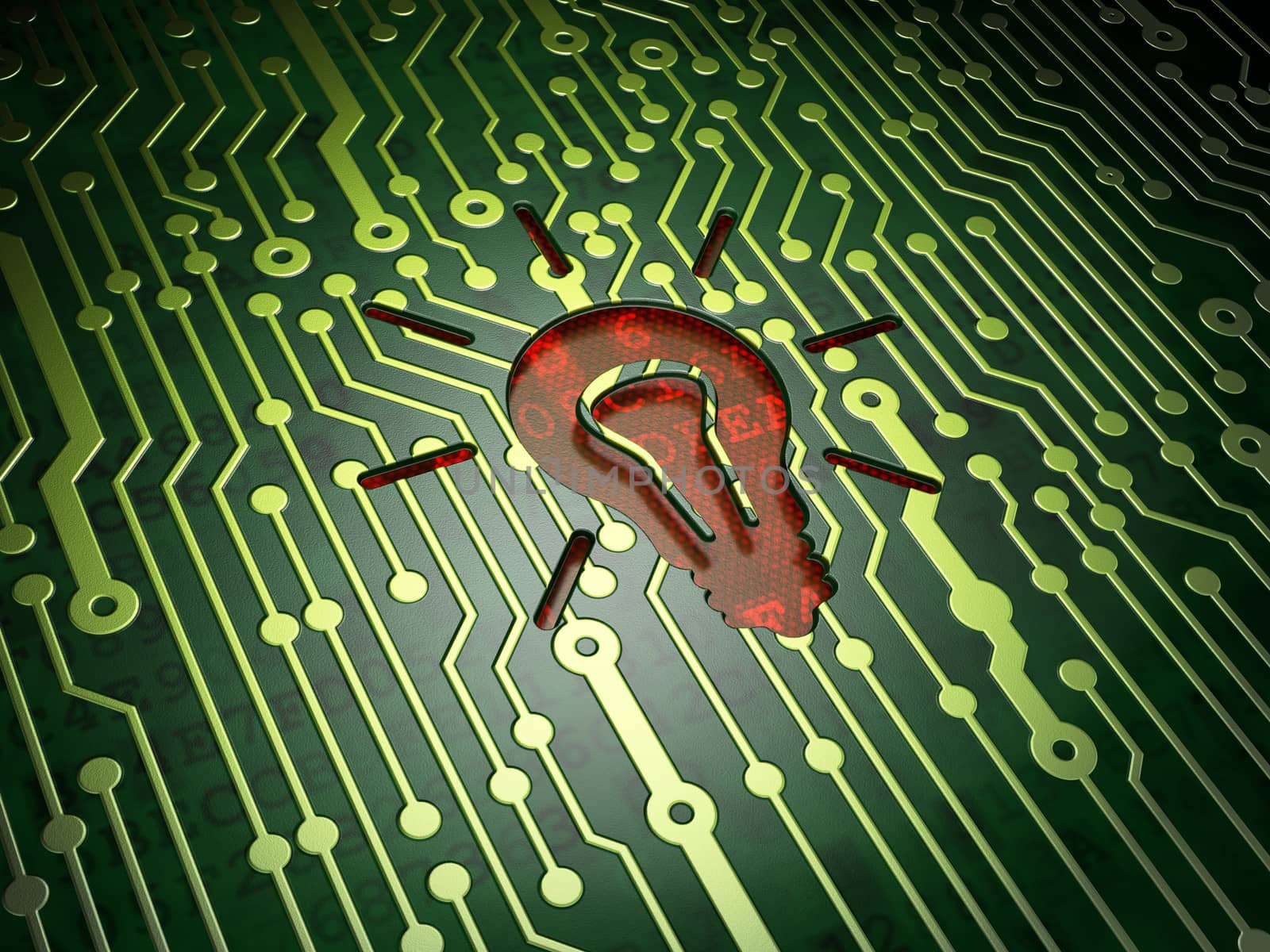 Finance concept: circuit board with Light Bulb icon, 3d render