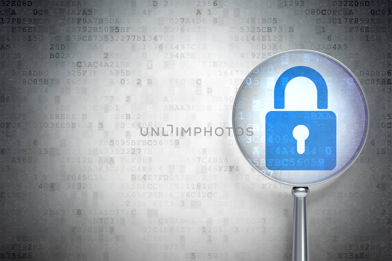 Magnifying optical glass with Closed Padlock icon on digital background, empty copyspace for card, text, advertising, 3d render