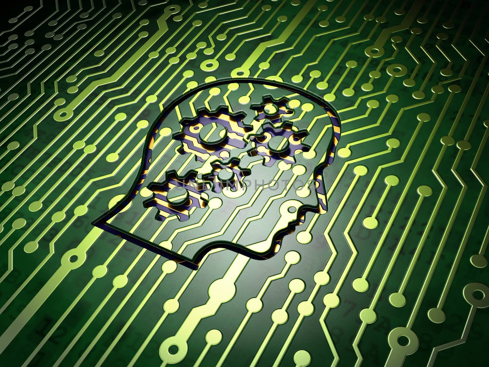 Education concept: circuit board with Head With Gears icon, 3d render