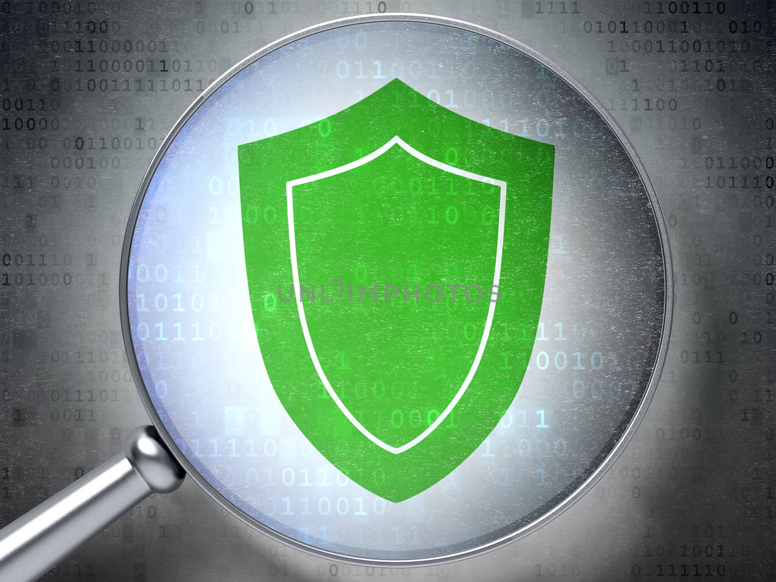 Magnifying optical glass with Shield icon on digital background, 3d render