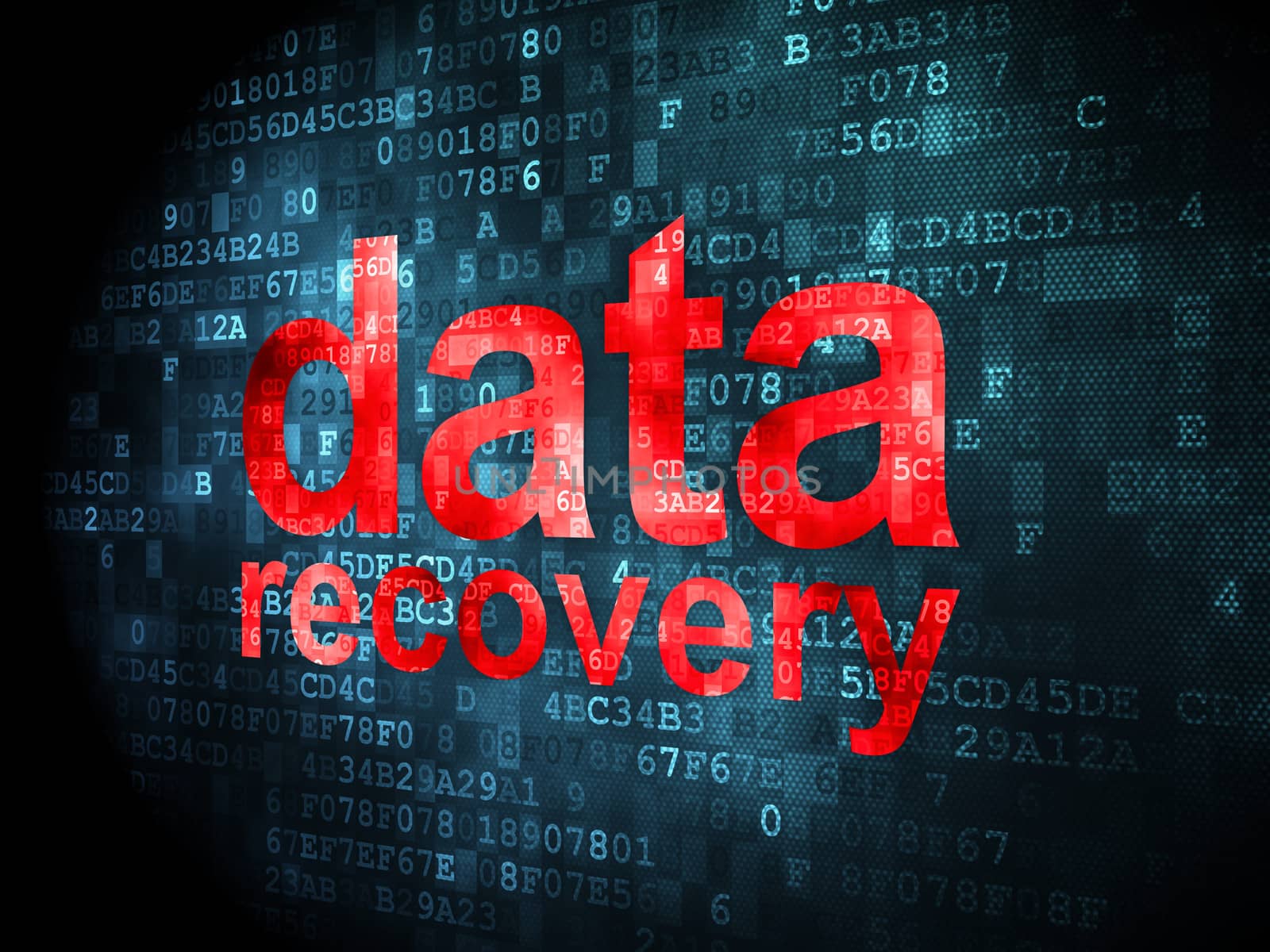 Information concept: pixelated words Data Recovery on digital background, 3d render