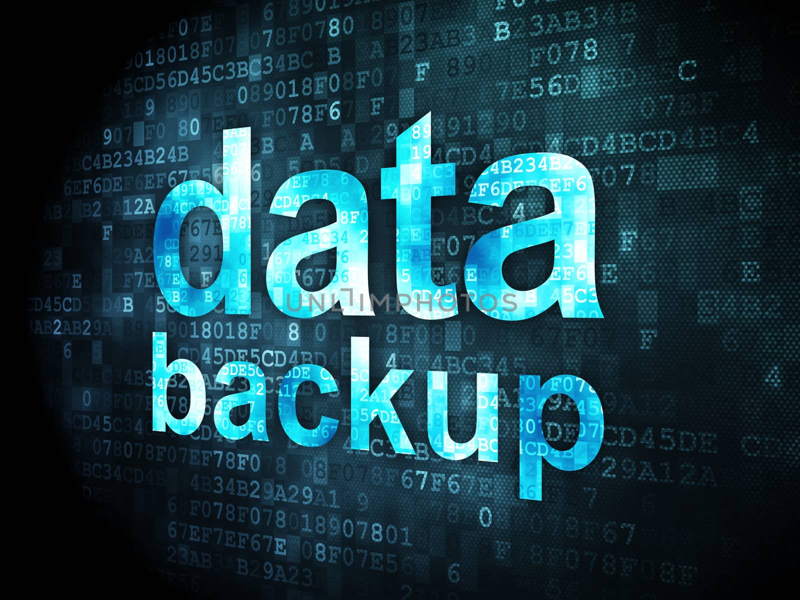 Information concept: pixelated words Data Backup on digital background, 3d render