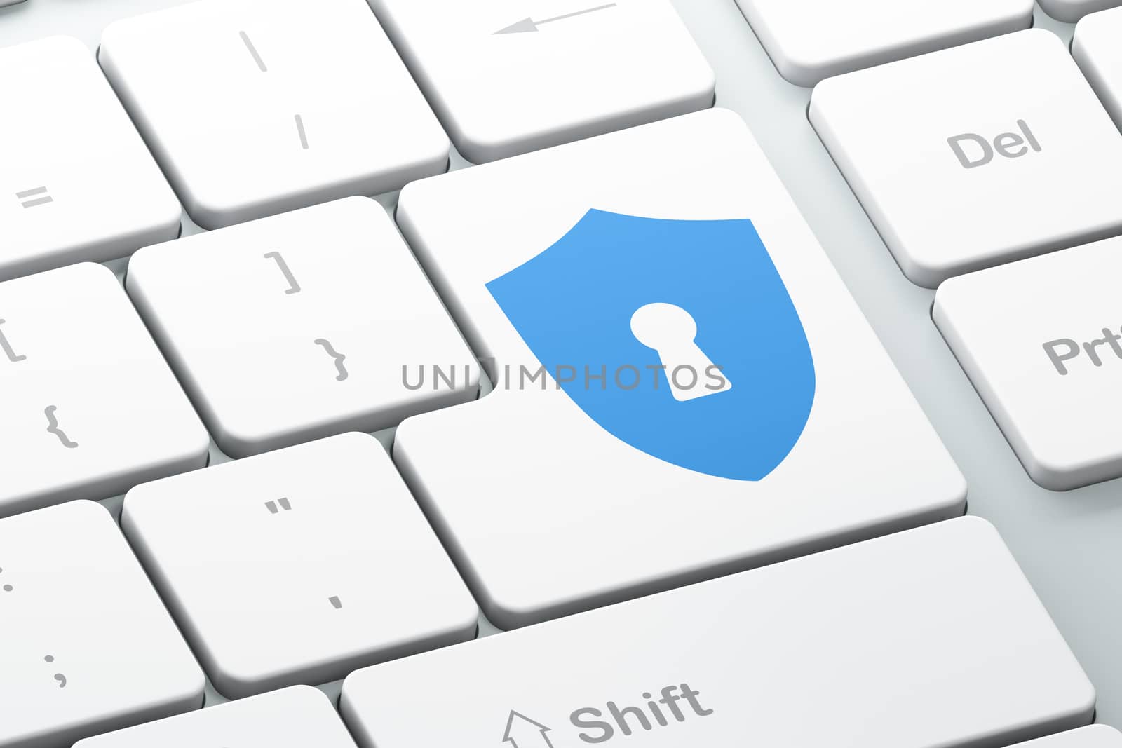 Safety concept: Enter button with Shield With Keyhole on computer keyboard background, 3d render