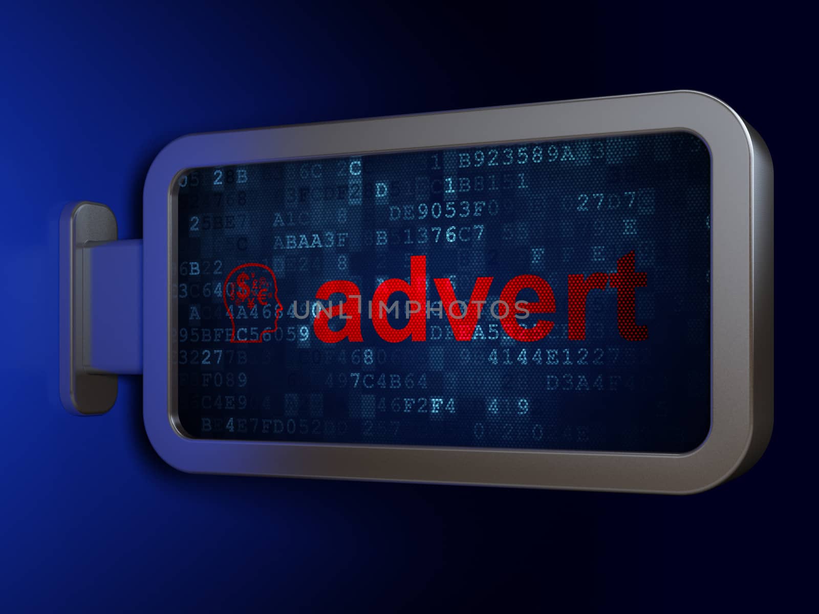Marketing concept: Advert and Head With Finance Symbol on advertising billboard background, 3d render