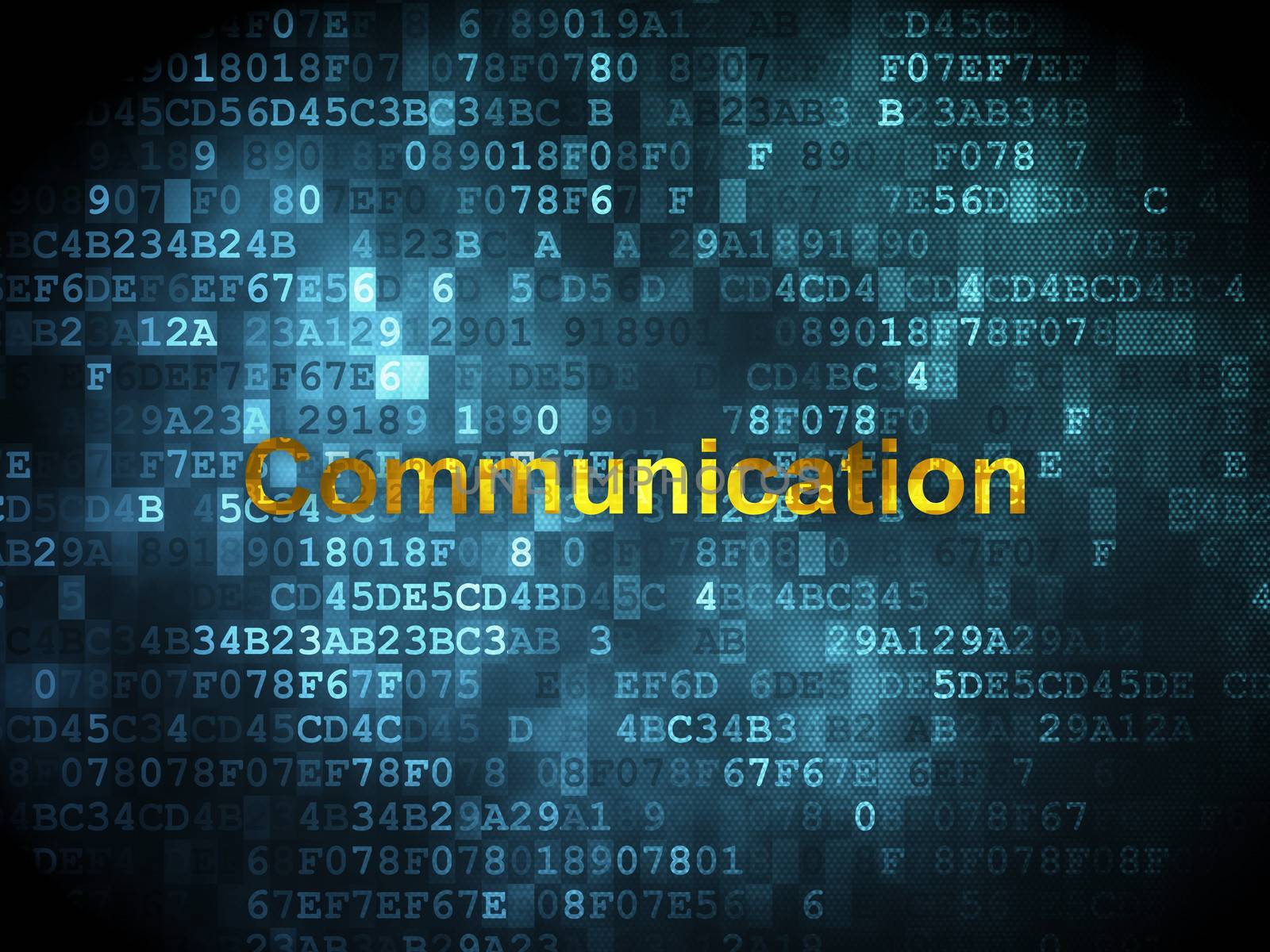 Advertising concept: pixelated words Communication on digital background, 3d render