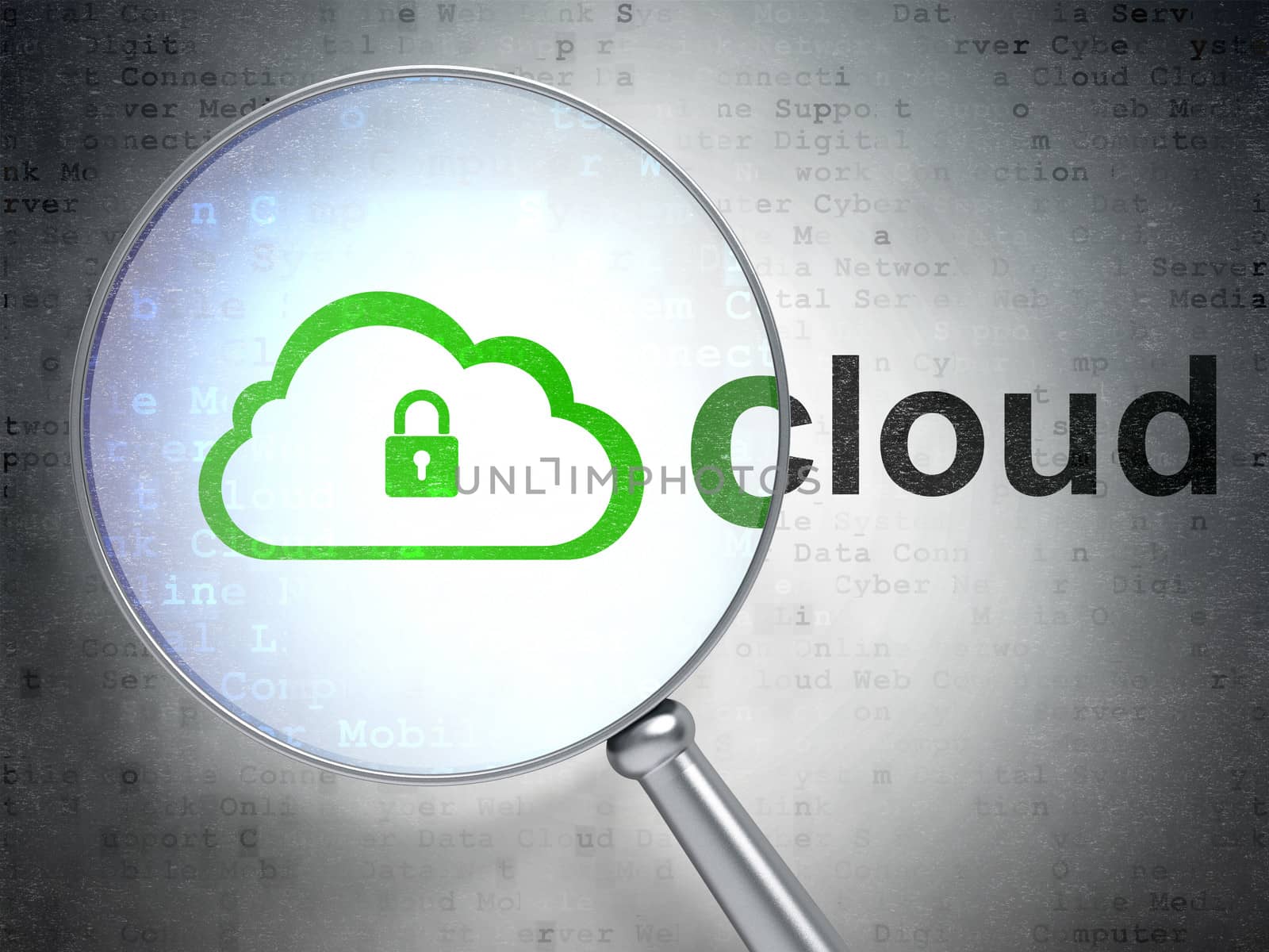 Magnifying optical glass with Cloud With Padlock icon and Cloud word on digital background, 3d render