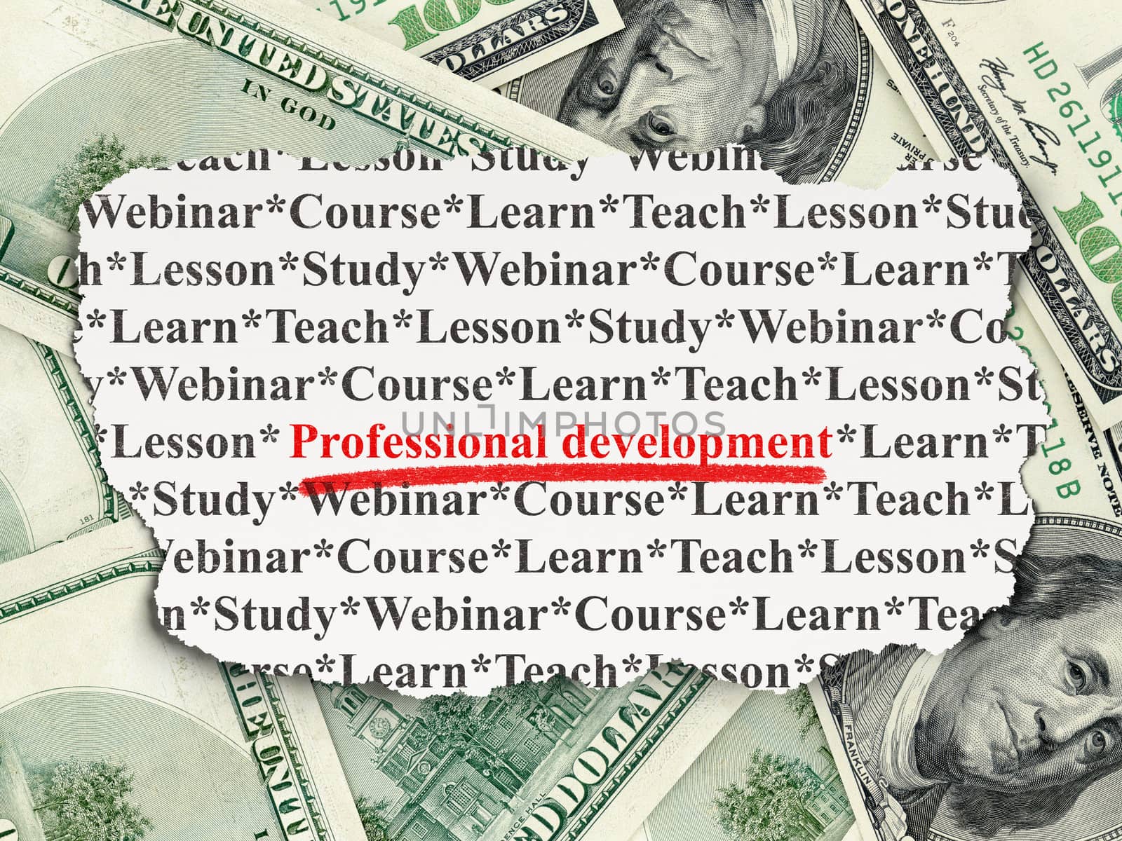 Education concept: torn newspaper with words Professional Development on Money background, 3d render