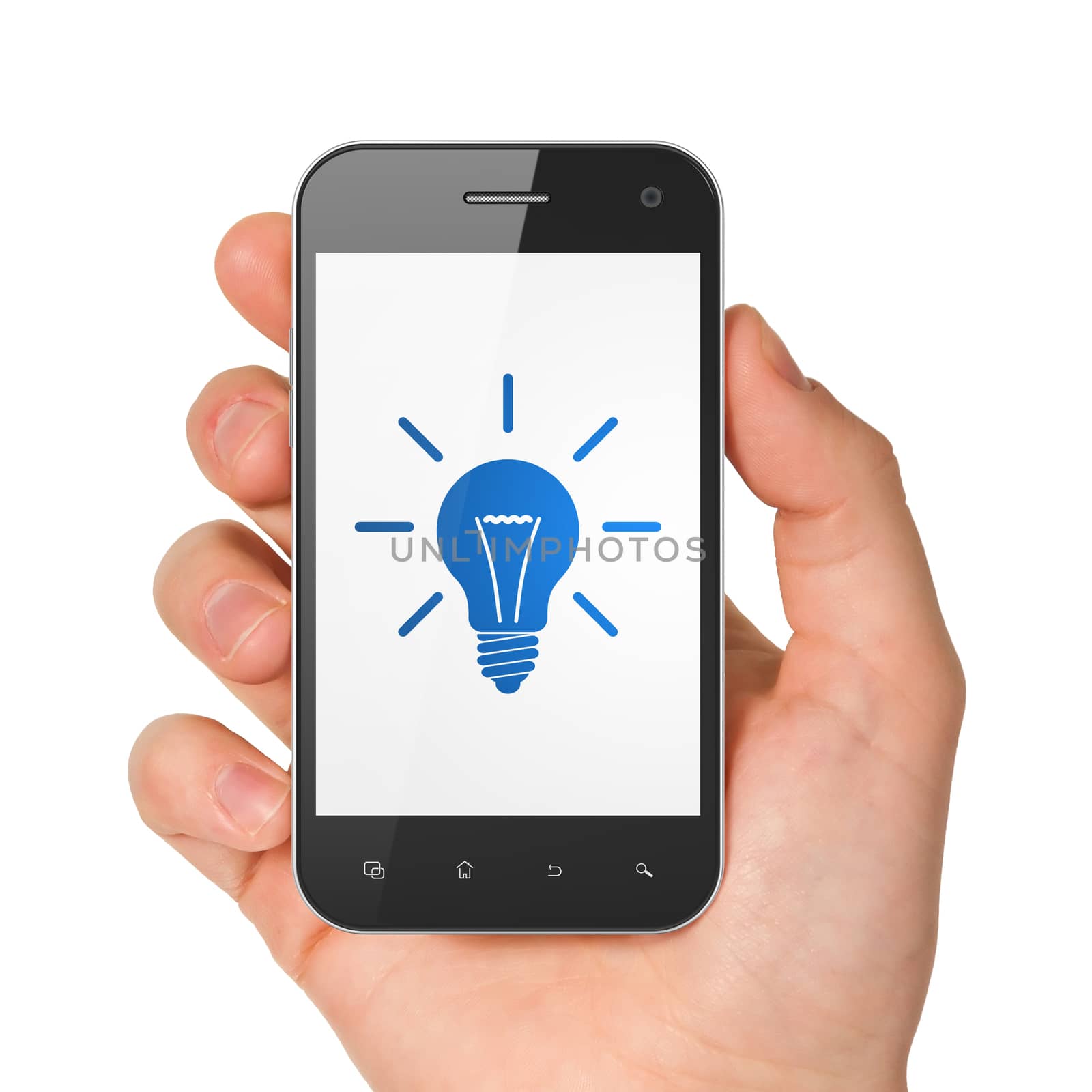 Finance concept: hand holding smartphone with Light Bulb on display. Generic mobile smart phone in hand on White background.
