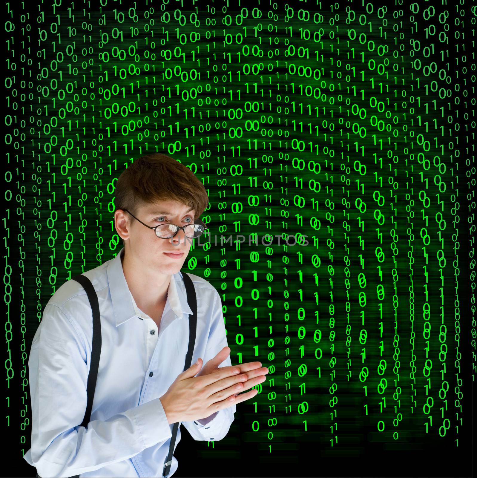 Businessman or teacher with binary on blackboard background