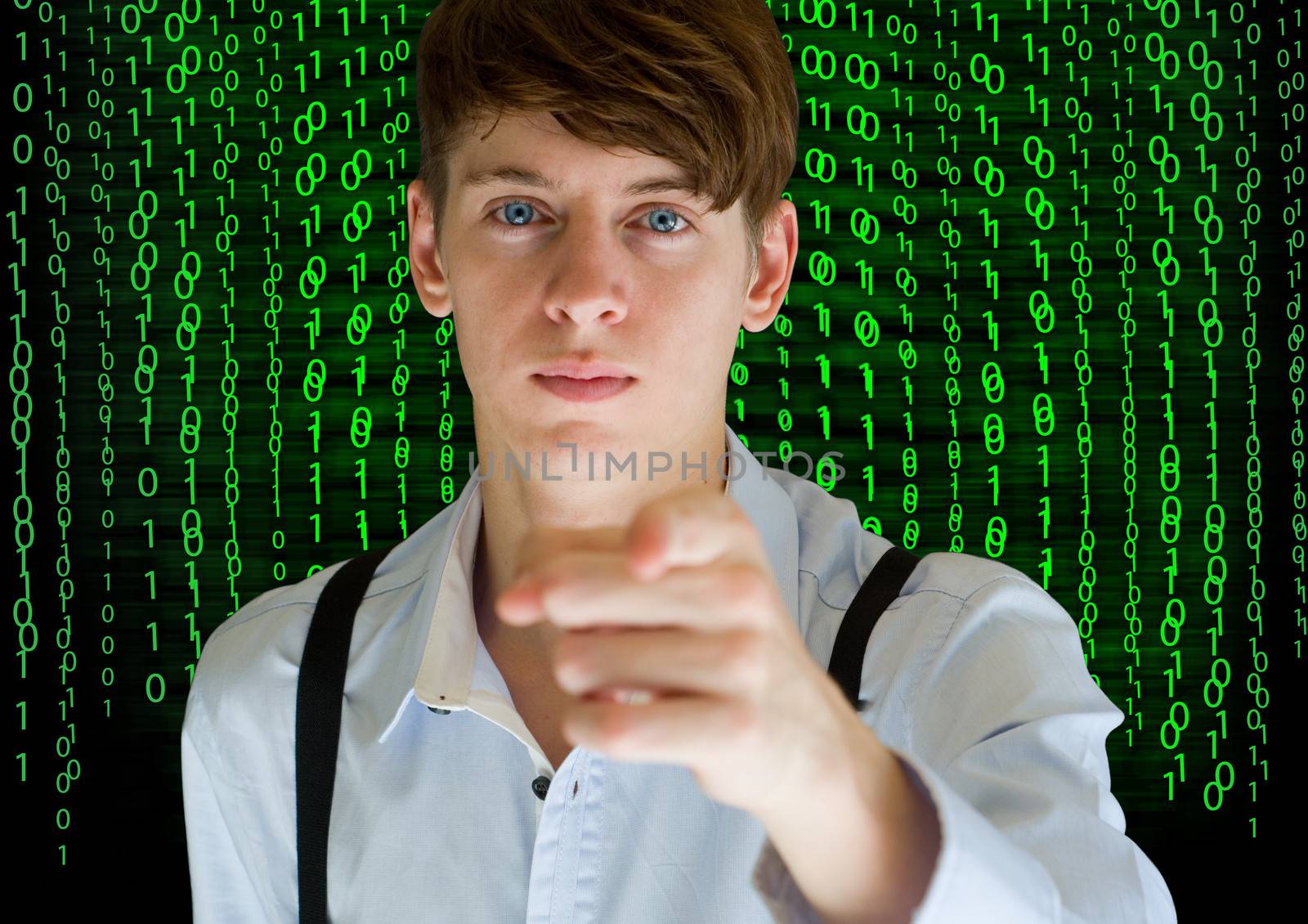 Businessman or teacher with binary on blackboard background